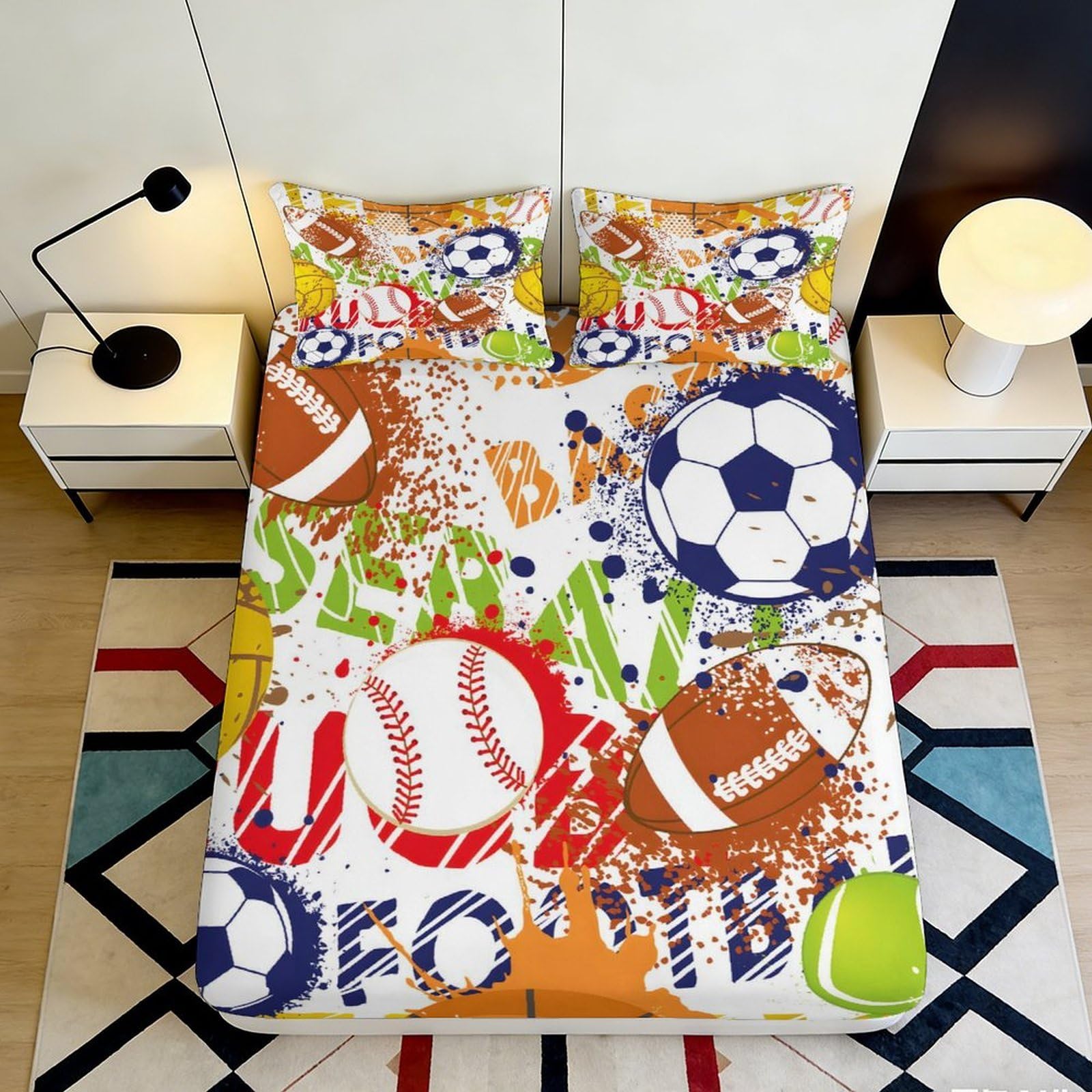 3D Printed Sports Ball Fitted Sheet Microfiber Soft Breathable Graffiti Bed Cover for Bedroom Guestroom Decor 90x200x25cm