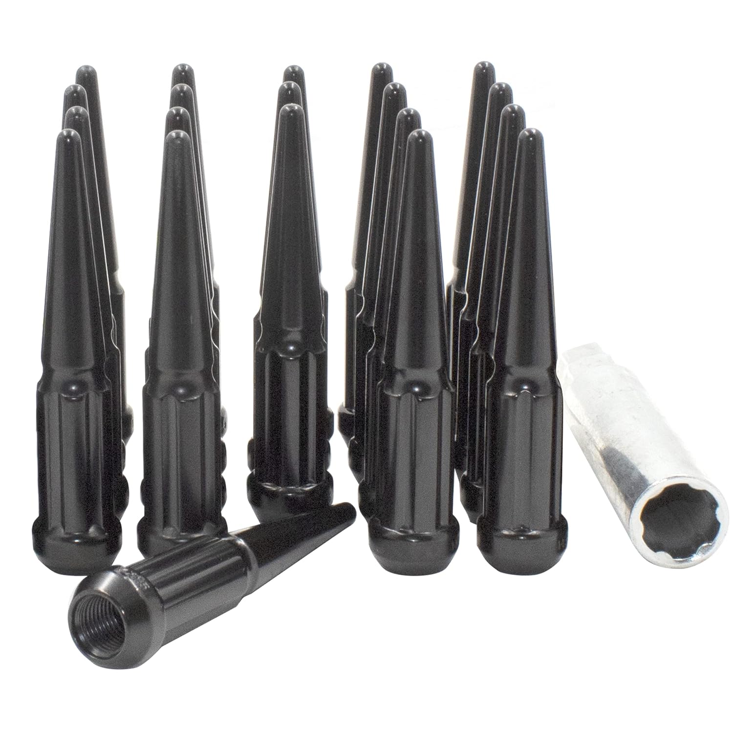 Wheel Accessories Parts 20 Pcs M14x1.5 14x1.5 Thread Spike Spline 4.40" Long Lug Nuts Black 7/8" & 13/16" Hex Fits Chevy C1500 ｜ GMC 1500 ｜ RAM 1500 1500 Classic ｜ Jeep Wrangler