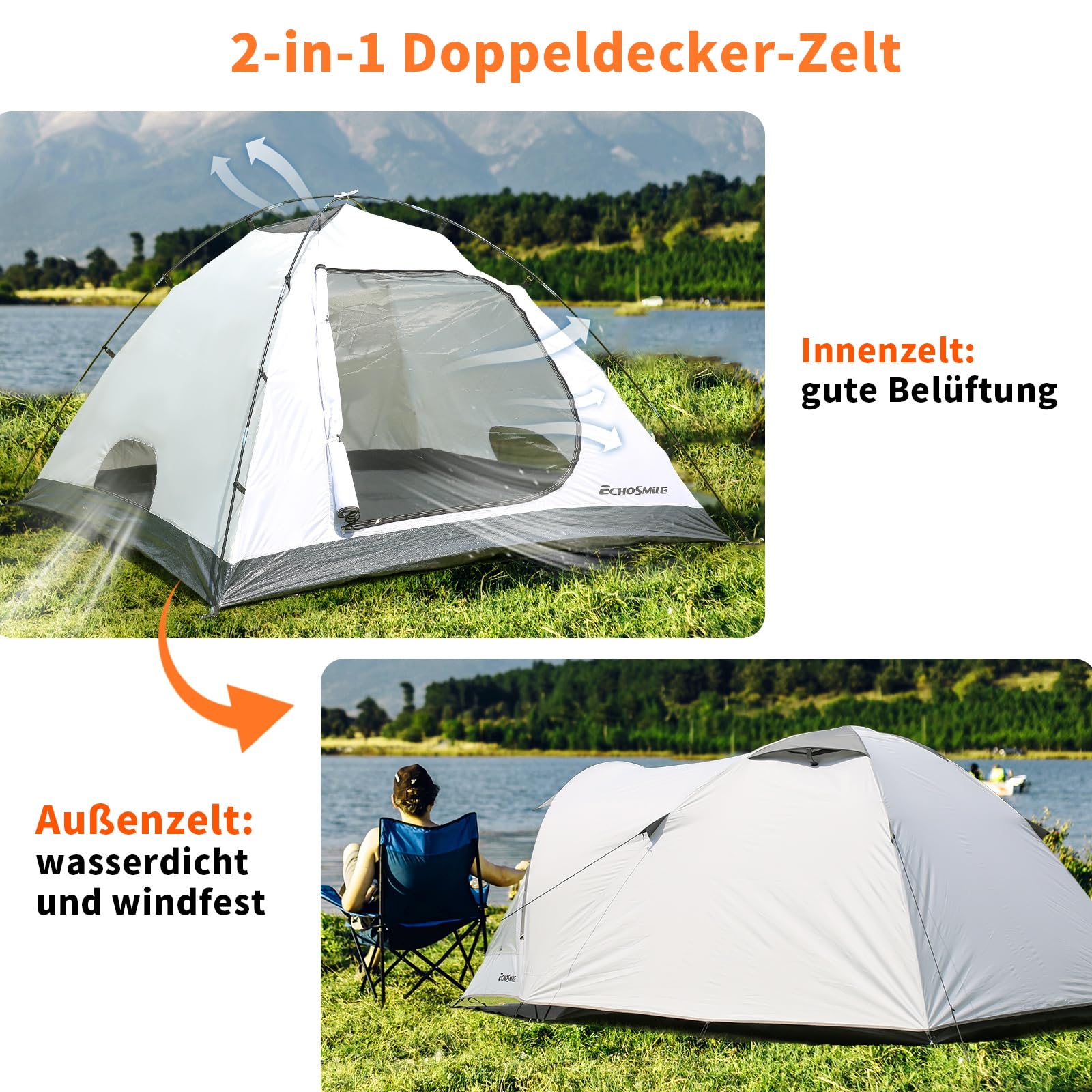 EchoSmile Zelt 2/3/4 Personen Wasserdicht 5000mm Kuppelzelt mit Vorzelt, Ultraleicht Camping Zelte Tents, 3-4 Jahreszeiten Campingzelt Biwakzelt für Trekking, Garten, Festival