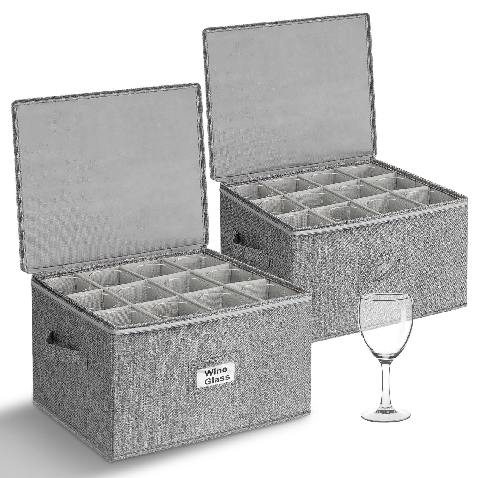 punemi Wine Glass Storage Box, Glassware Storage Containers W/Rigid Top Side Bottom Support & Padded Dividers, Stackable Stemware Storage Case for 24 China Crystal Glasses Drinkware, Moving Supplies