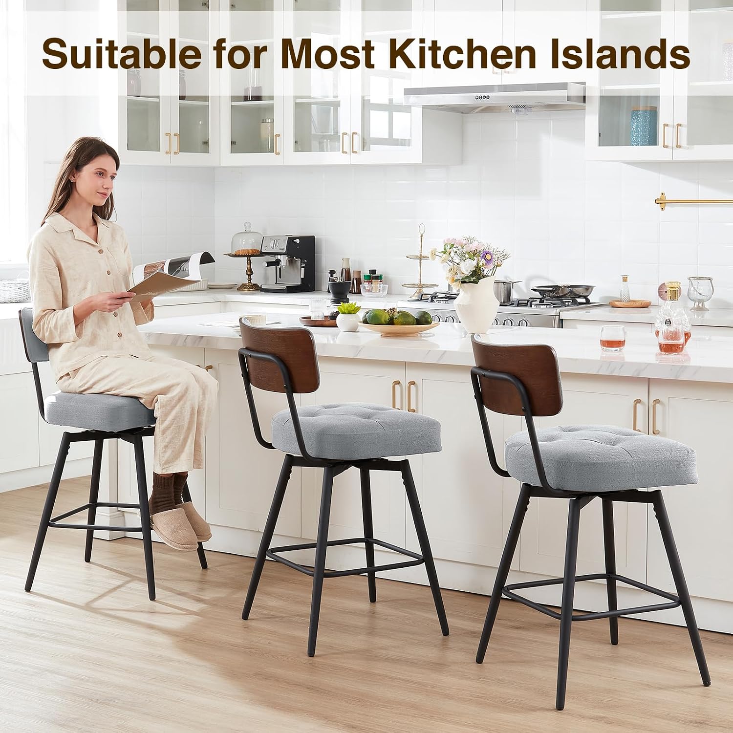 kinmars Bar Stools Set of 2, Counter Height Bar Stools, Modern Counter Stools with Metal Legs, for Kitchen Island Dining Room Bar
