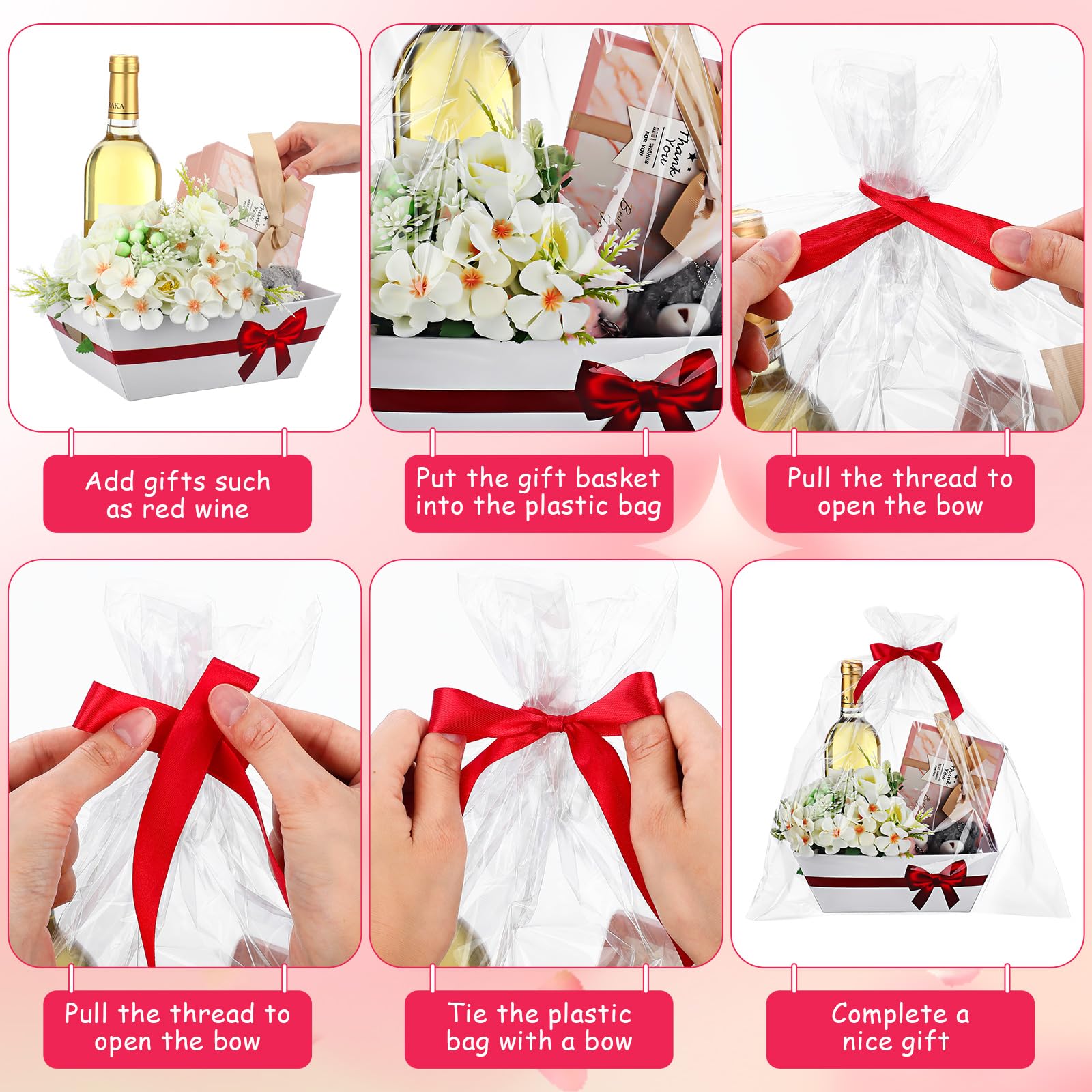 RattanView Kit da 12 cestini vuoti per confezioni regalo, 6 cesti per vino, 6 sacchetti di cellophane, kit da riempire per baby shower, feste di compleanno, regali (bianco, nastro rosso)