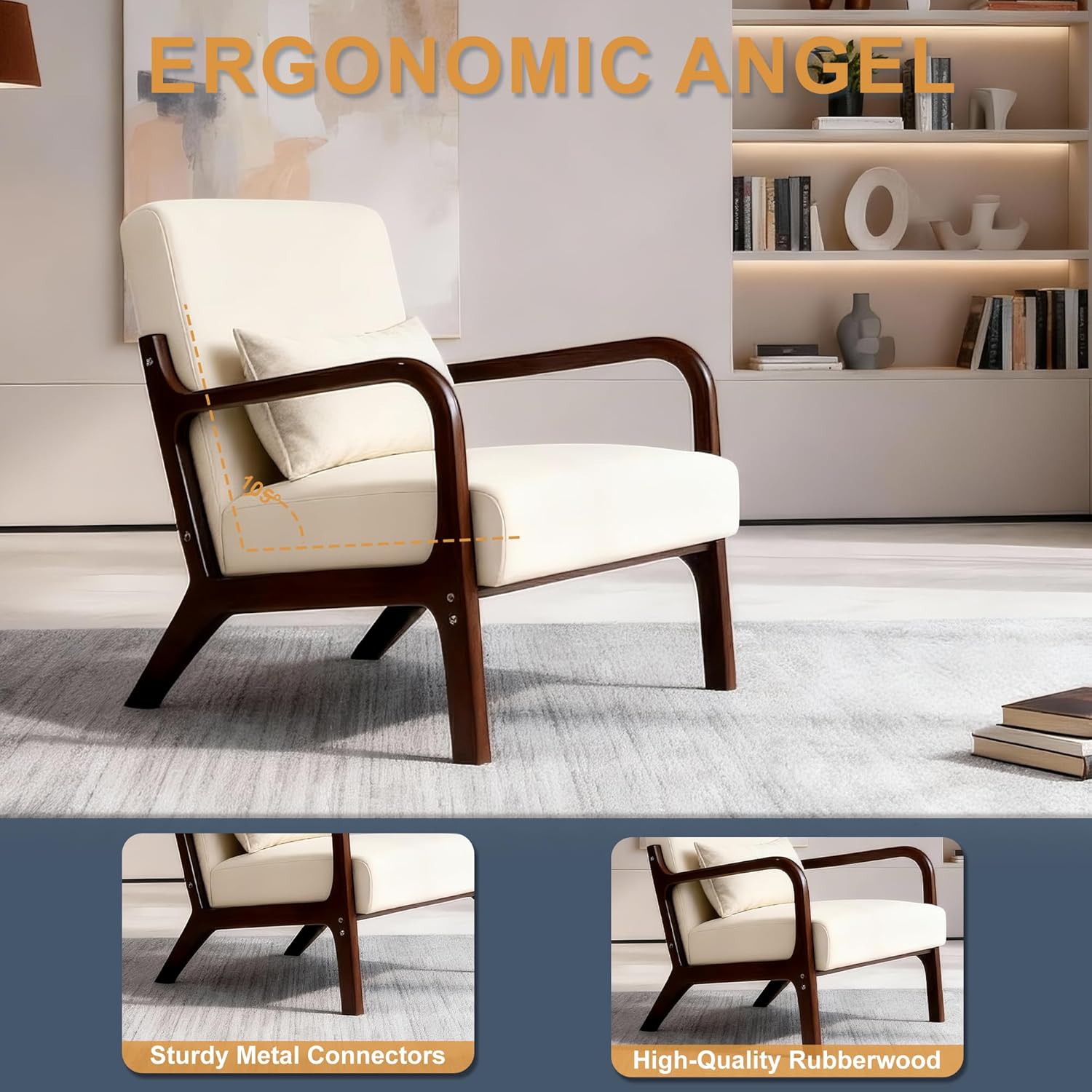 Mid Century Accent Chair Set of 2, Upholstered Modern Chair with Pillow, Armchair with Solid Wood, Reading Relaxing Leisure Chair for Living Room, Bed Room, Waiting Room, Beige