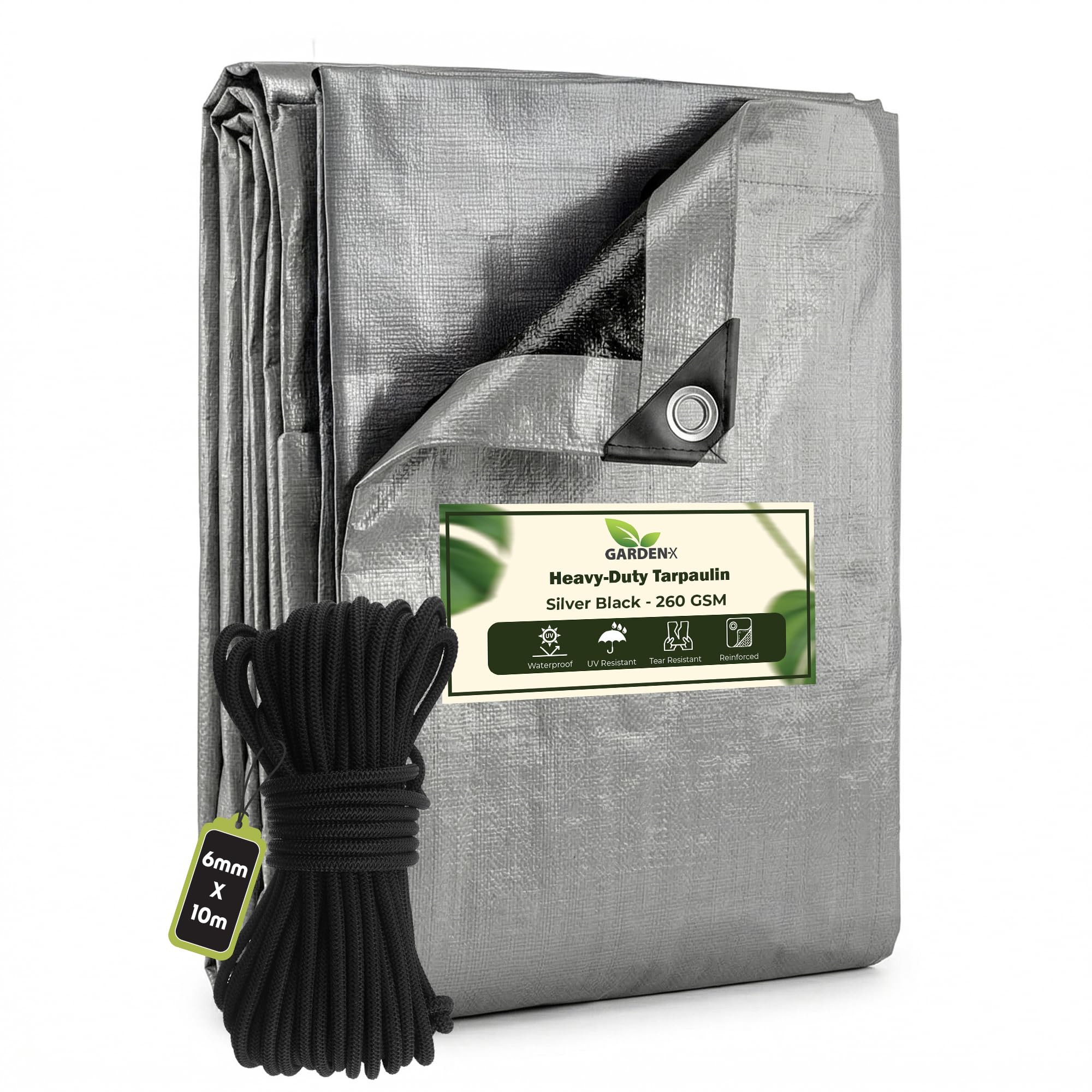 GARDENIX 3m x 4m Silver Heavy Duty 260gsm Tarpaulin Waterproof Tarp Sheet Cover, Groundsheet, Multipurpose, Reinforced Eyelets with 10 Metres of 6mm Bungee Rope