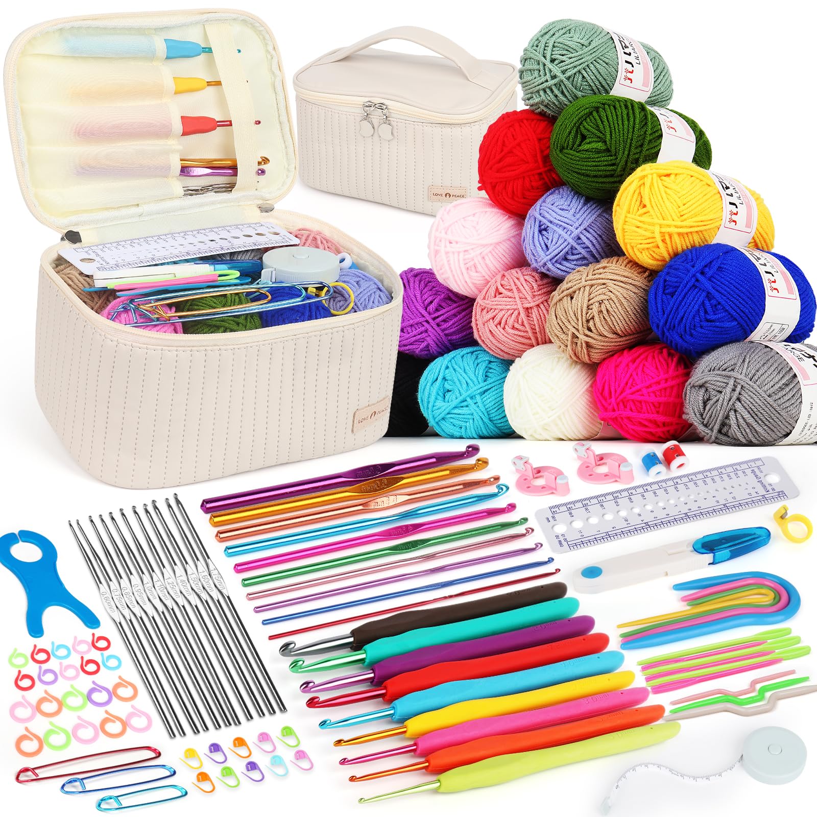 Aeeque Kit Crochet Débutant Complet Adulte 102 Pièces - 12 Aiguilles 0,6-1,9mm, 9 Crochets Ergonomiques, 15 Pelotes de Laine pour Tricot - Sac Beige Inclus