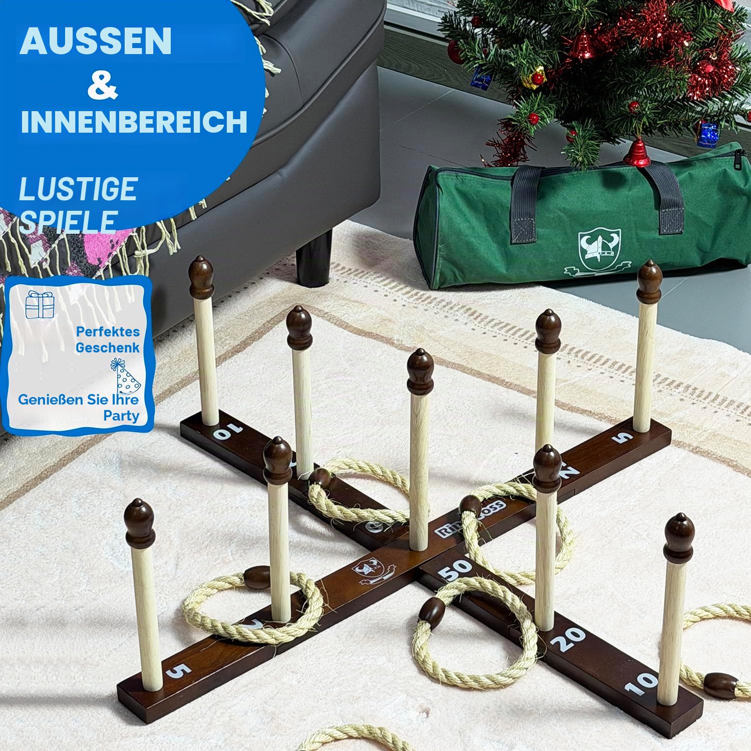 Quoits Ringwurfspiel aus Holz – Wurfspiel-Set mit Tragetasche