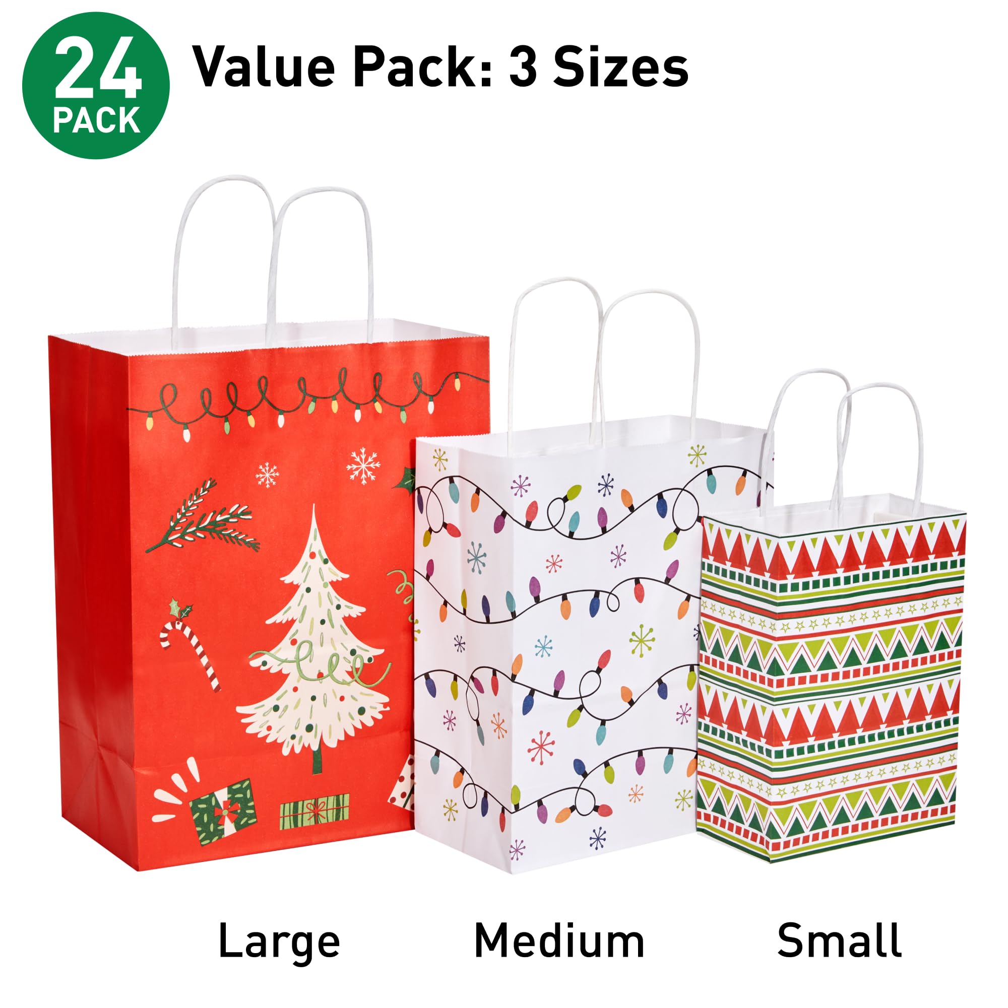 SUNCOLOR Paquete de 24 bolsas de regalo de Navidad de varios tamaños con papel de seda (8 grandes de 13 pulgadas, 8 medianas de 11 pulgadas, 8 pequeñas de 9 pulgadas)
