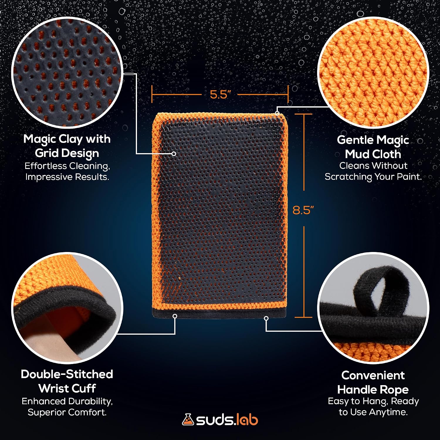Suds Lab SC Synthetic Clay Mitt for Car Detailing – Reusable Clay Bar Mitt to Remove Paint Overspray, Water Spots, Tree Sap & Rail Dust from Paint, Glass & Plastic
