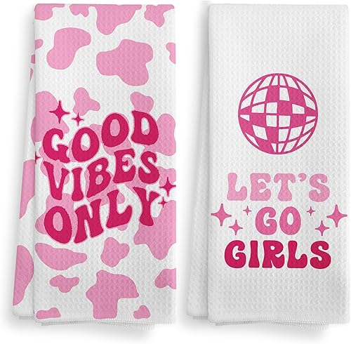 Miniatura 12 de Let's Go - Juego de 2 toallas de baño con bola de discoteca de color rosa intenso, paños de secado absorbentes para niñas, toallas de té para Rosa