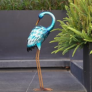 Chisheen Crane Garden Statues, Metal Garden Crane Outdoor, Blue Heron Sculpture Metal Yard Art, Large Garden Heron Decoy, ...