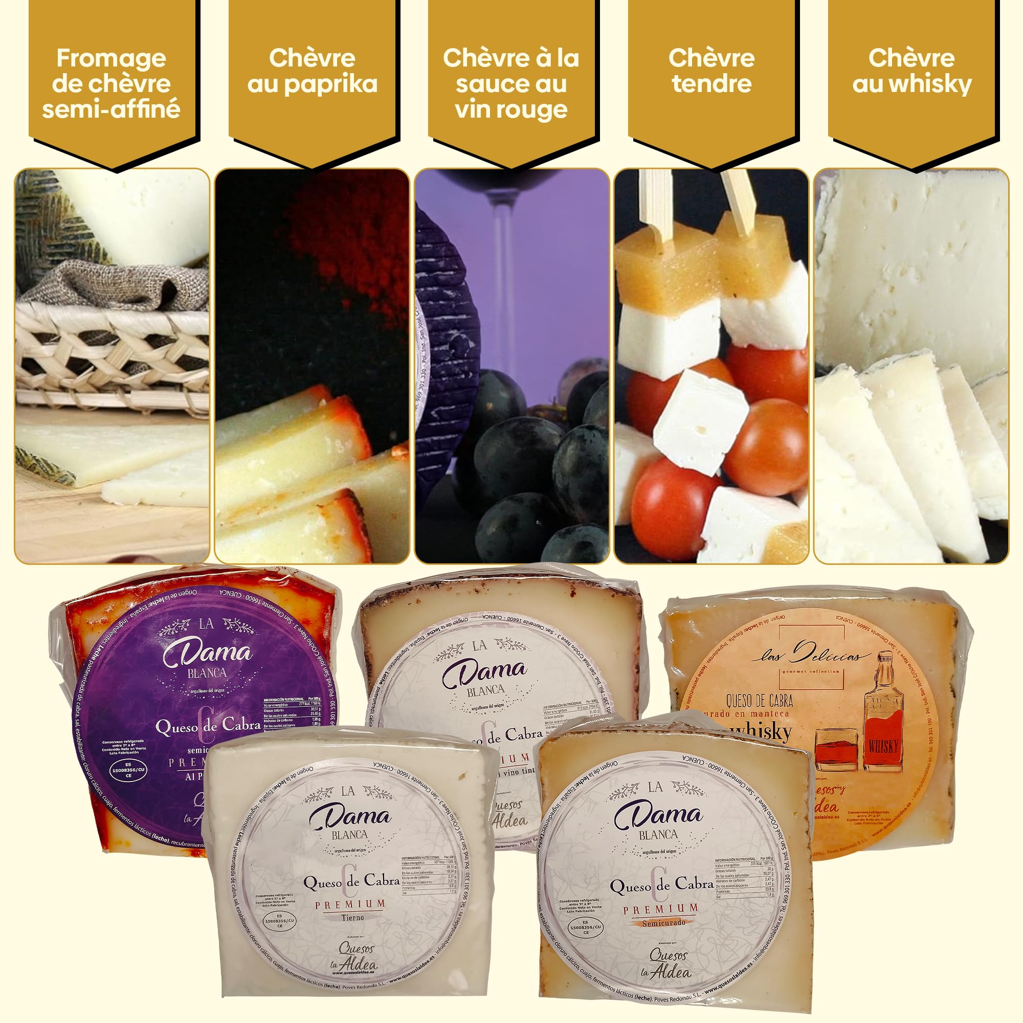 QUESOS LA ALDEA | Coffret Cadeau Gourmand – 5 Portions de Fromage de Chèvre Premium : Tendre, Mi-Affiné, au Vin Rouge, au Whisky et au Piment | Panier Garni à Offrir, Panier de Noël Gourmet