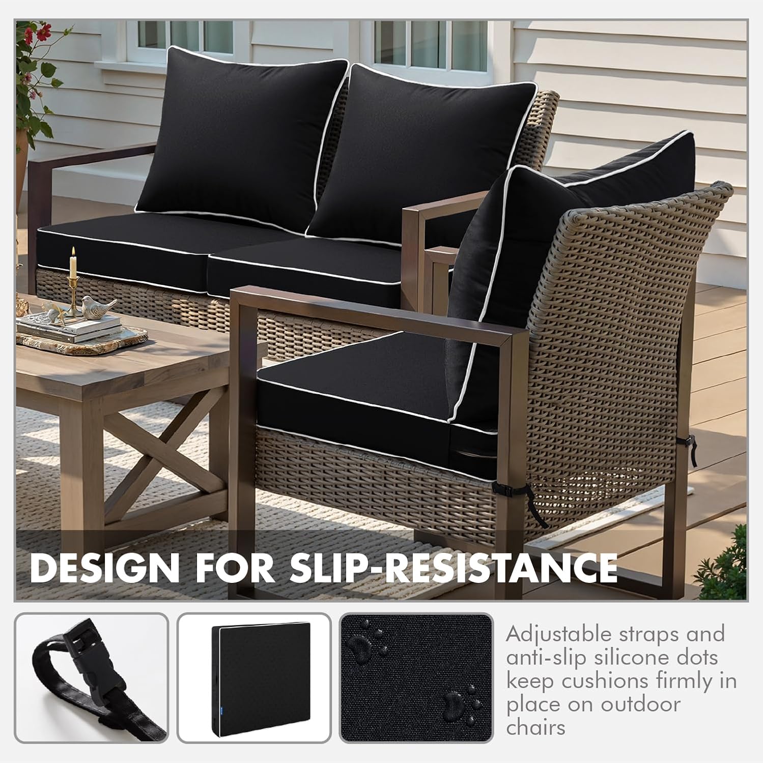 MIULEE Black Outdoor Seat Cushion 24x24 Inch Set of 2 Waterproof & 3 Year Fade Resistant Deep Seat and Back Cushion for Patio Furniture Chair Sofa Couch with Handle and Adjustable Straps