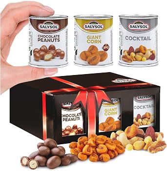 Salysol 6 Pack Mini Can Snack Variety   2 BBQ Giant Corn 30g, 2 Chocolate Peanuts 50g, 2 Spicy BBQ Cocktail 50g   Gift Box Snack Set for Men and Women