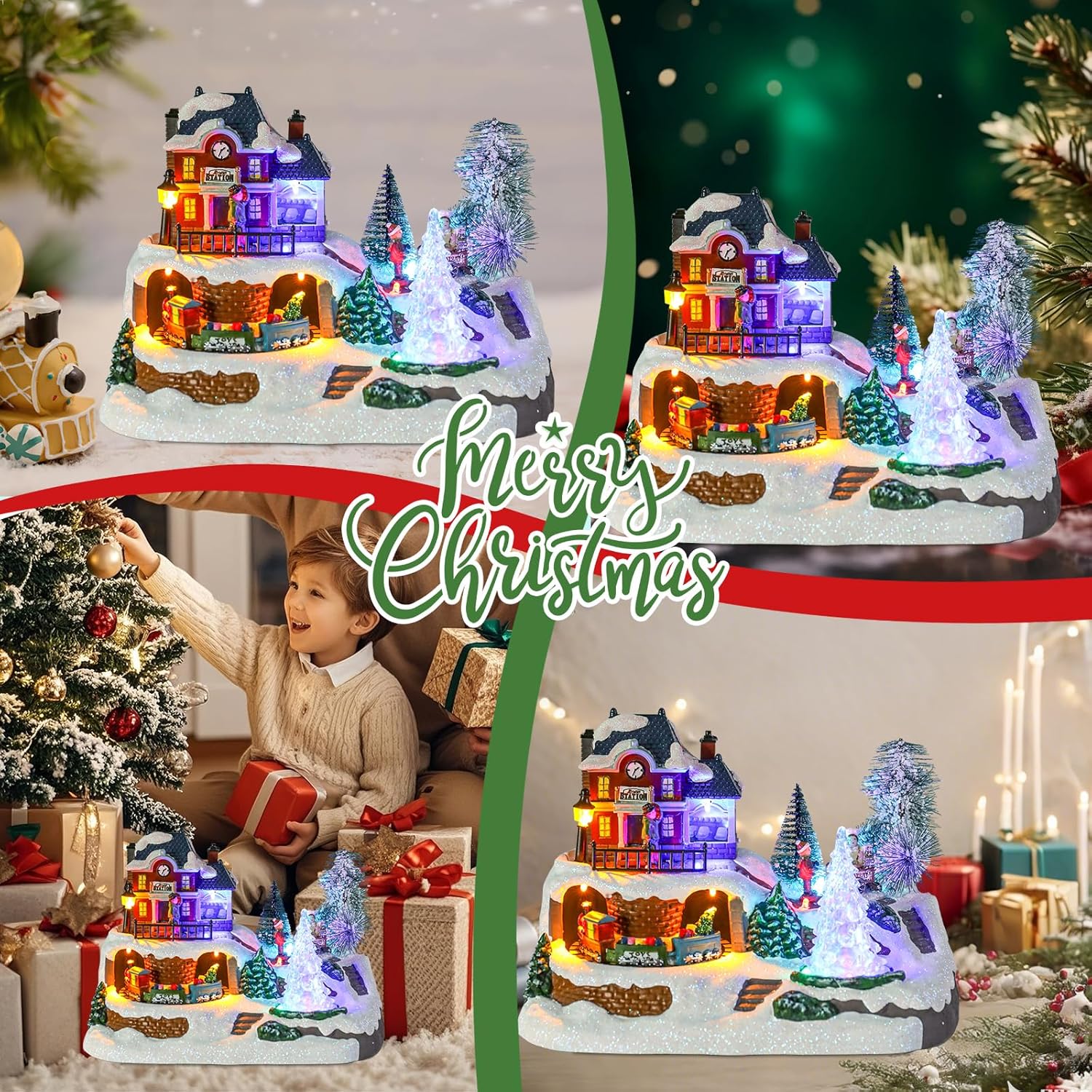WONDER GARDEN Christmas Village Houses-Christmas Houses Village - Lighted Musical Railway Station Moving Train Town Sets with Revolving Acrylic Trees Animated Figurines for Indoor Decor or Gift