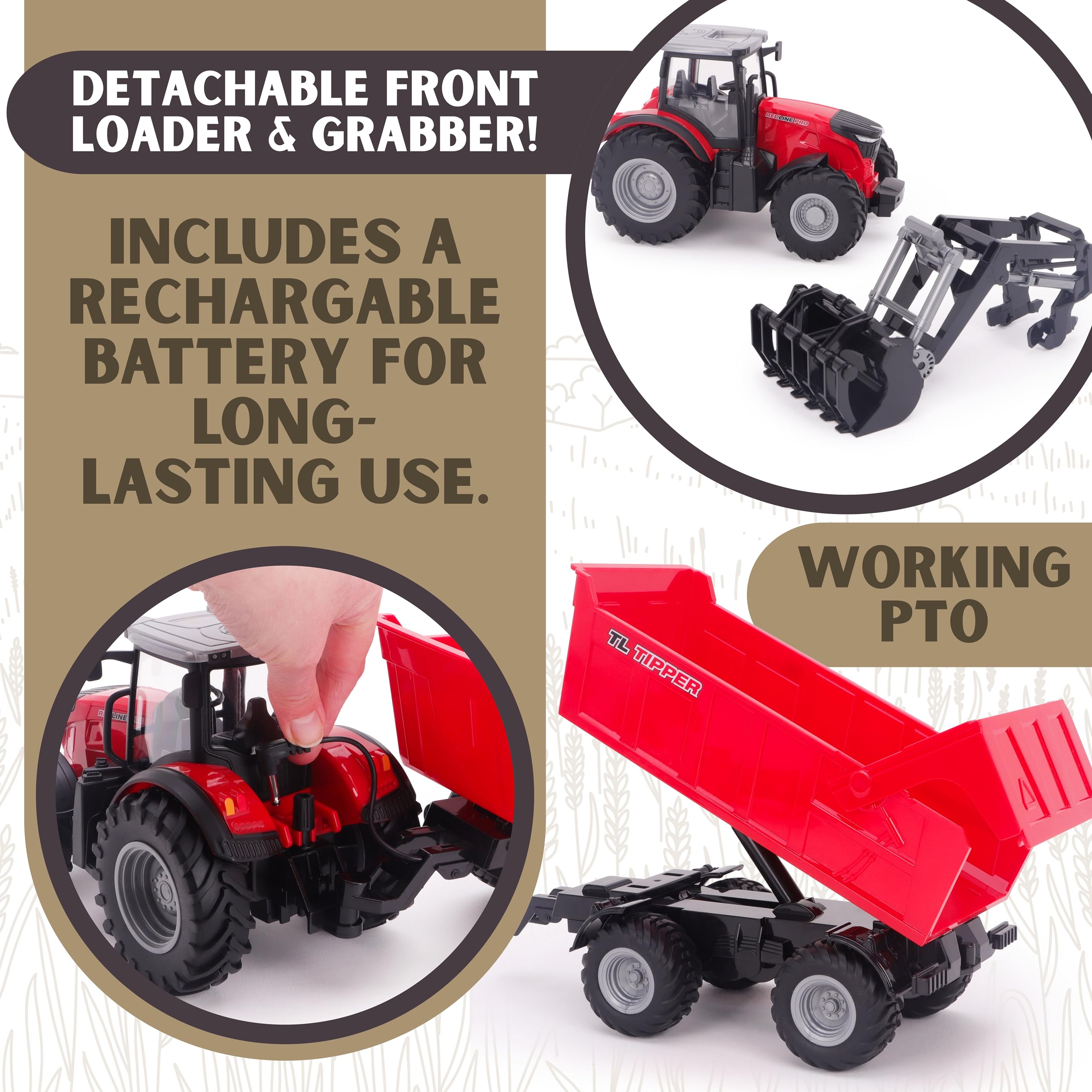 Toyland® 1:24 Tracteur Rouge télécommandé avec Chargeur Frontal, remorque basculante motorisée et Accessoires - de Jeu avec lumières Chargement USB - Batterie Rechargeable Incluse - Véhicule de Ferme