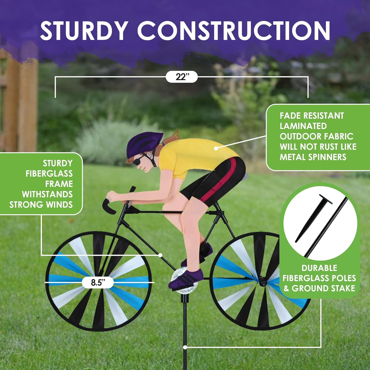Road Bike Spinner Woman 1555 22" – Dynamic Cyclist Design, Weather-Resistant Outdoor Decor, Durable & Lightweight for Patios, Yards, and Gardens - Eye-Catching Wind Spinner with Rotating Wheels