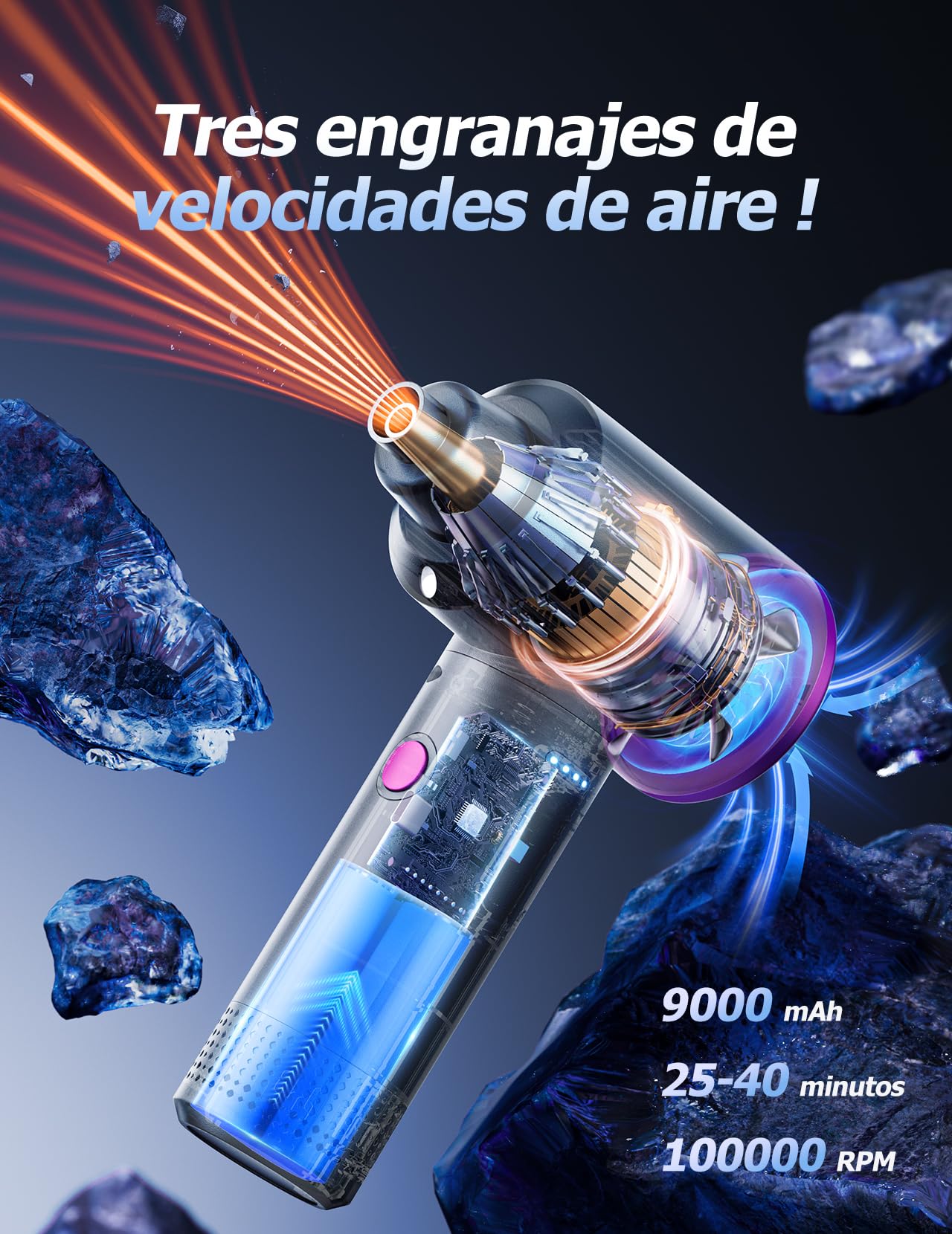 Soplador de Polvo de Eléctrico Aire Comprimido Eléctrico - 100000 RPM Limpieza de PC por Pulverización de Aire Comprimido con Batería de 9000mAh, Limpieza de Teclado de Aspiradora de 3 Velocidades