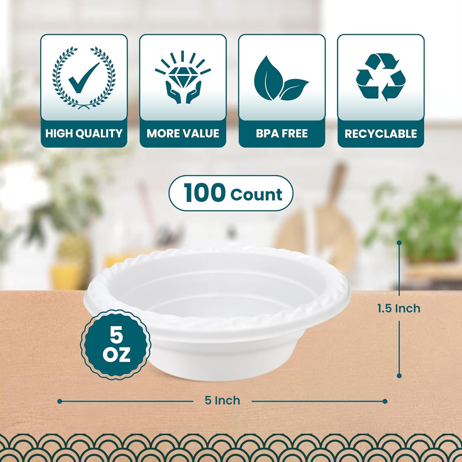 R-kay Plastic Bowls - 100 Count Microwavable Disposable Bowls - Strong Heavy Duty And Sturdy White Plastic Bowls Disposable (5 OZ, 100)