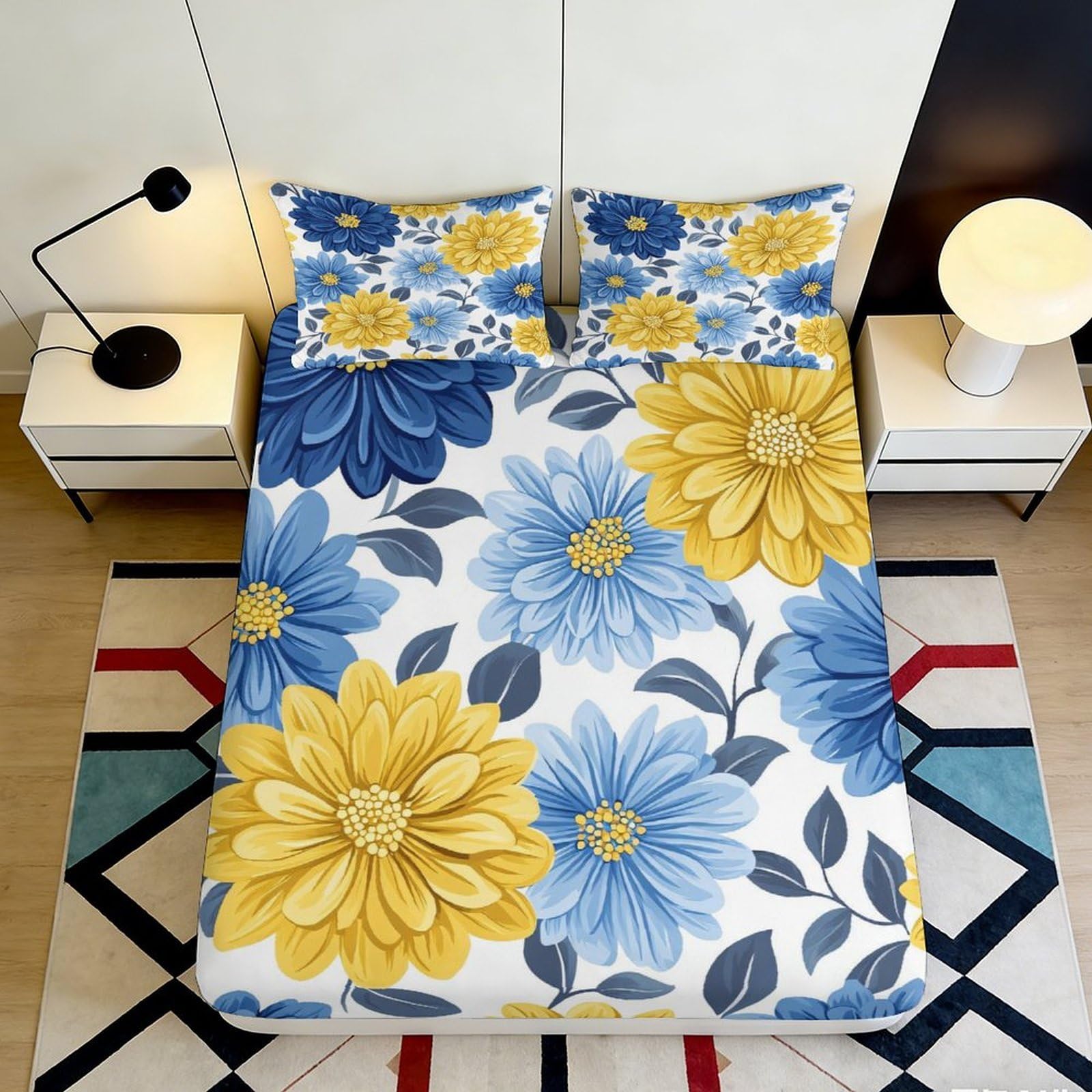 3D Printed Sunflower Floral Fitted Sheet Microfiber Deep Pocket Non-Slip Bedding Sunflower Floral Mattress Fitted Cover Washable for All Ages 90x200x25cm