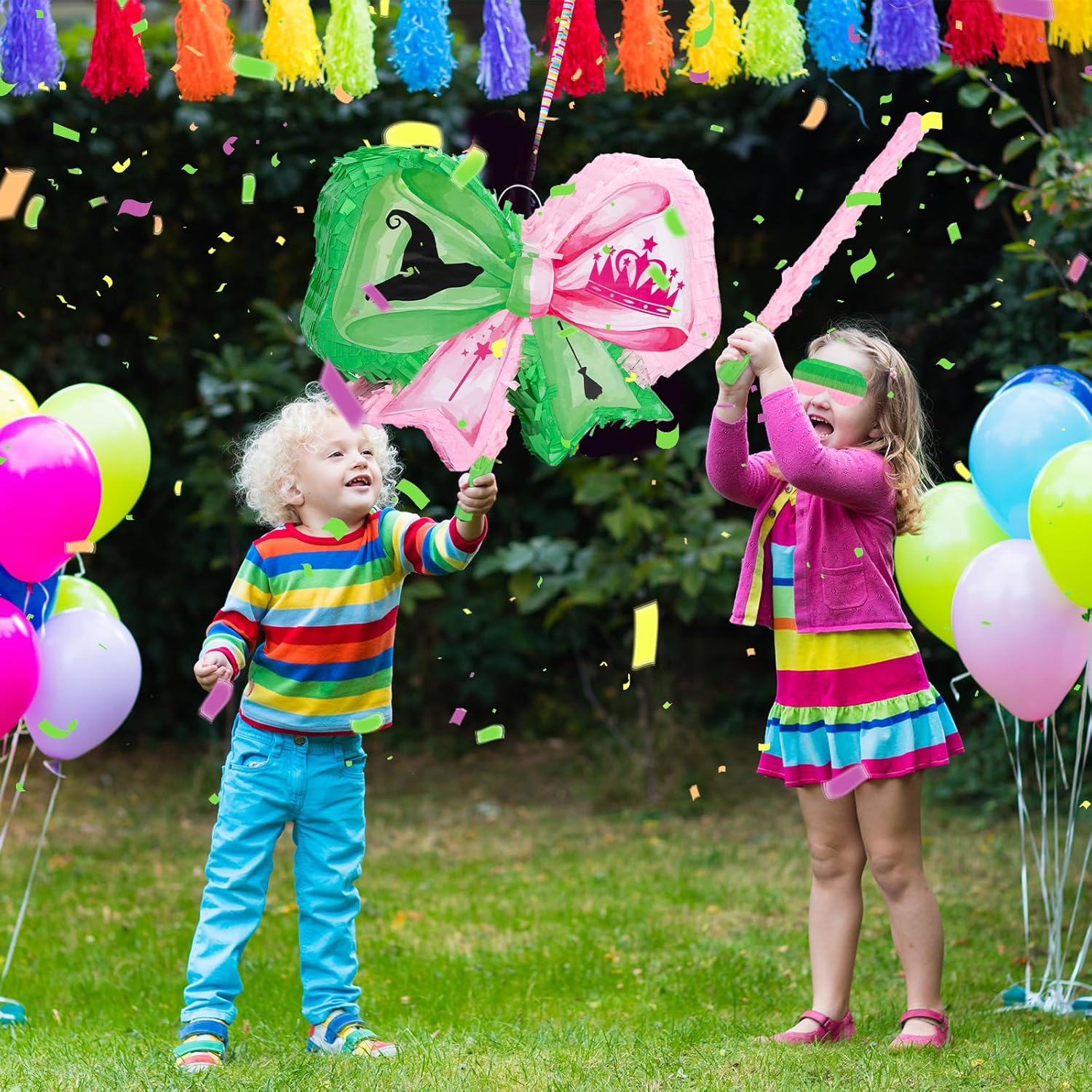 Witch Party Favors Pink and Green Game Set, Witch Pinata with Stick and Blindfold Witch and Princess Crafts Pink and Green Party Decor for Birthday Baby Shower Game Supplies