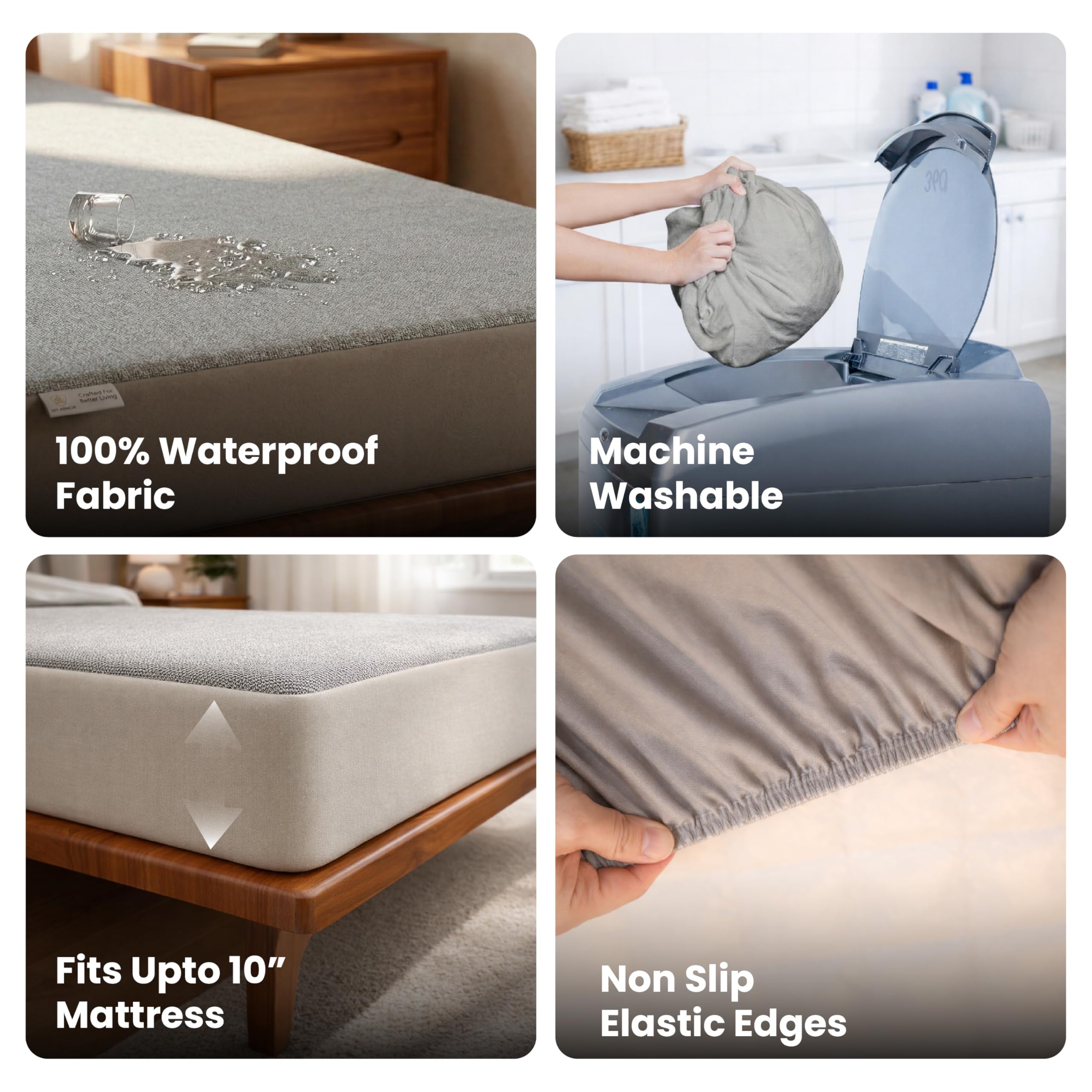 MY ARMOR Waterproof Mattress Protector King Size, 78x72, 6.5x6 feet, Double Bed Protector Sheet Cover, Breathable and Hypoallergenic Ultra Soft Fitted Terry Cotton Feel Fabric, Elastic Skirting, Grey 2
