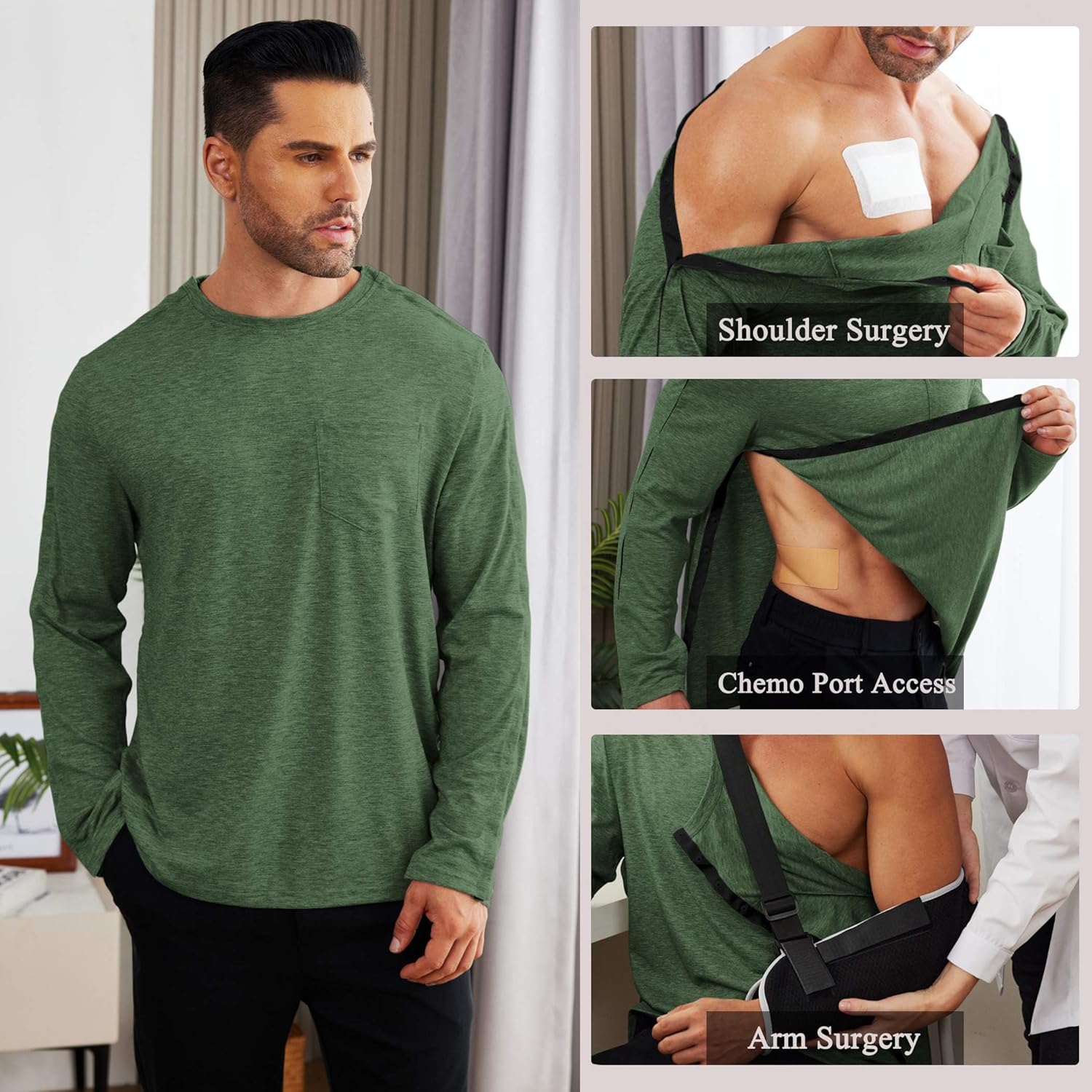 Deyeek Men's Post Shoulder Surgery Recovery Shirts Full Tear Away Long Sleeve Snap Chemo Port Access Shirt - Image 4