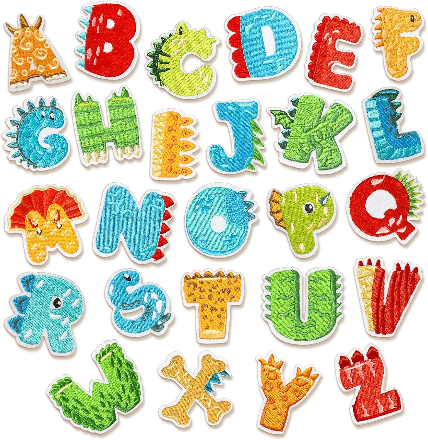 Whaline 26Pcs Dinosaur Iron-On Sew-On Patches Cute Alphabet A to Z Heat Transfer Iron Patches Embroidered Cloth Patches Iron on Letters for Clothing Fabric DIY Crafts