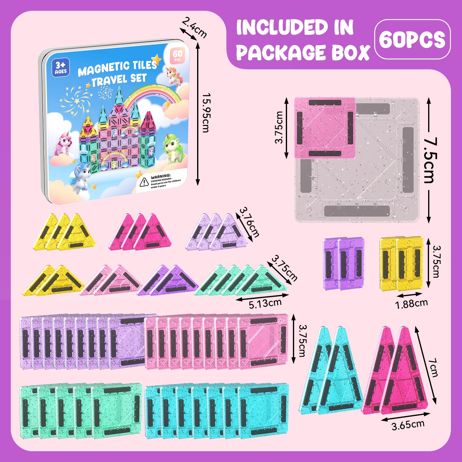 ACELIFE Magnetische Bausteine 60 Teile, Einhorn Magnetspielzeug, Montessori Reiseset Spielzeug Tragbare STEM Bausteine, Mini Magnetische Fliesen für Jungen & Mädchen 3 4 5 6 7 8 Jahren