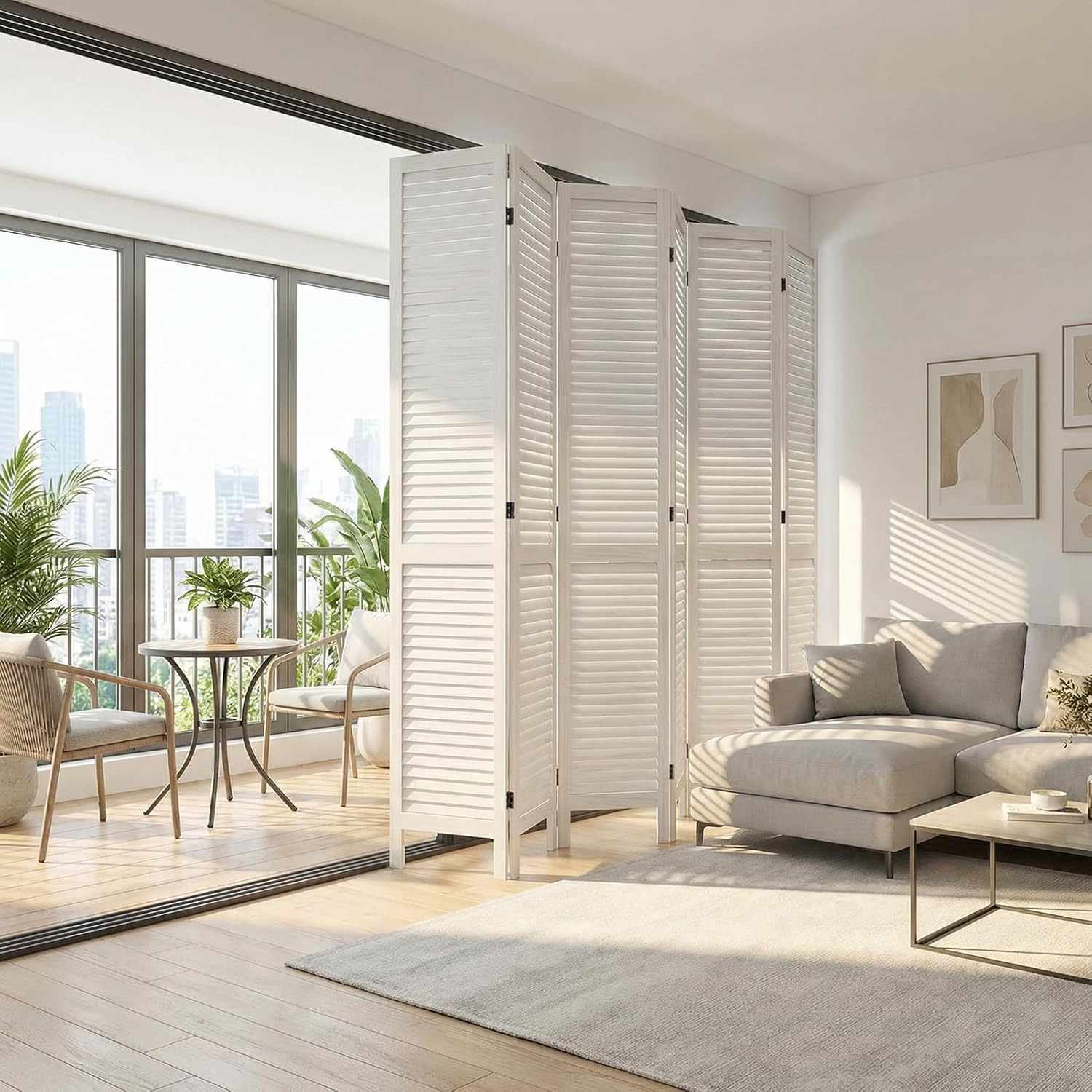 Bluecat 8 Panel Room Divider, 128" W x 67" H Foldable Privacy Screen, Freestanding Solid Wood Partition Wall for Home Office Bedroom, No Assembly Required, Warm White