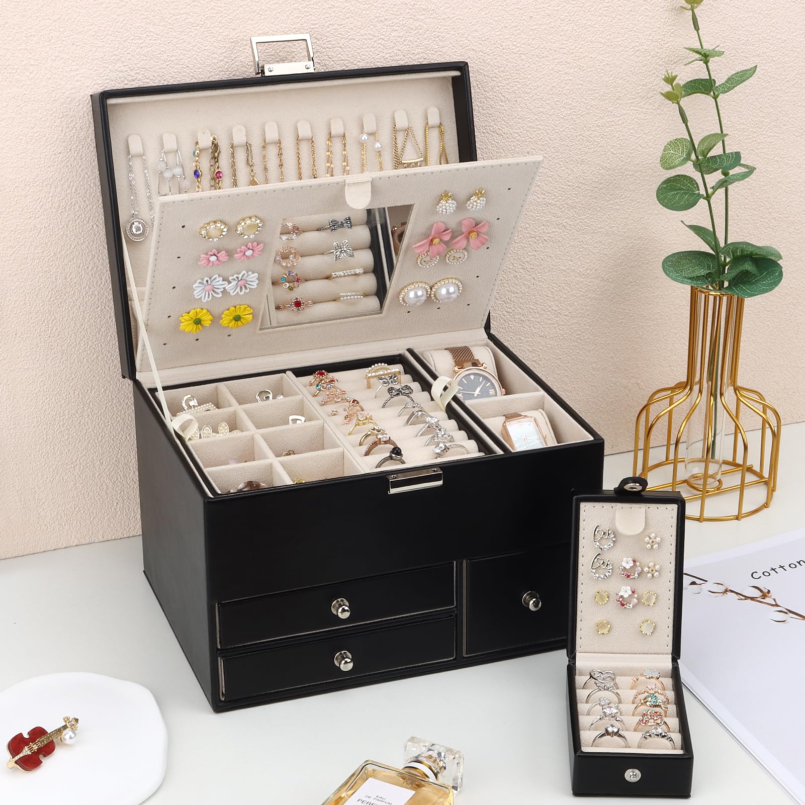 Caja Joyero de 3 Capas de PU, Joyeros Mujer Organizador Grande con Cajones, con Mini Caja Portátil para Viajar, Caja Organizador de Joyas para collares, pendientes, anillos, Negro