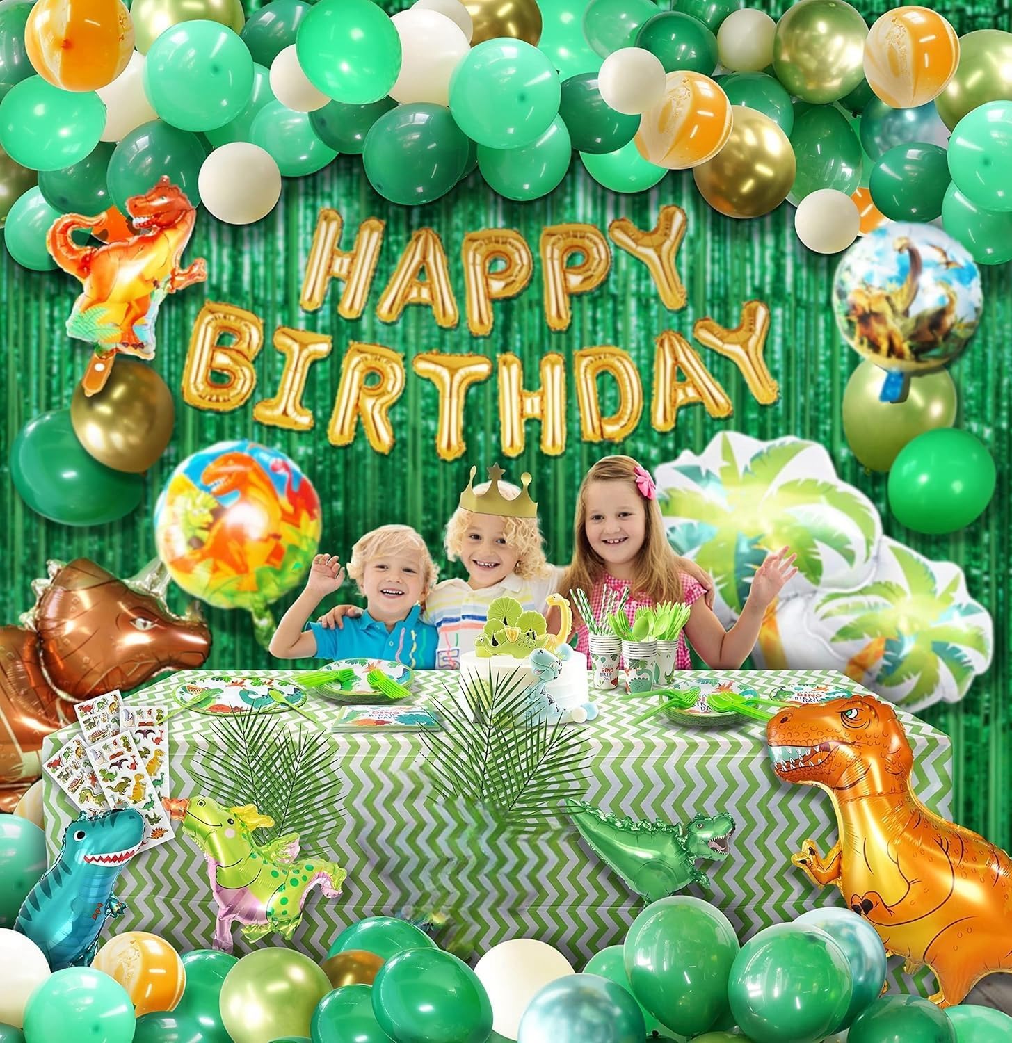 Party Spot! 172 Pcs Dinosaur Birthday Decorations, 12 Tableware Sets, Balloons, Fringe Curtains, Stickers, 12 Paper Plates, Paper Cups, Balloon Pump, Dinosaur Party Decorations