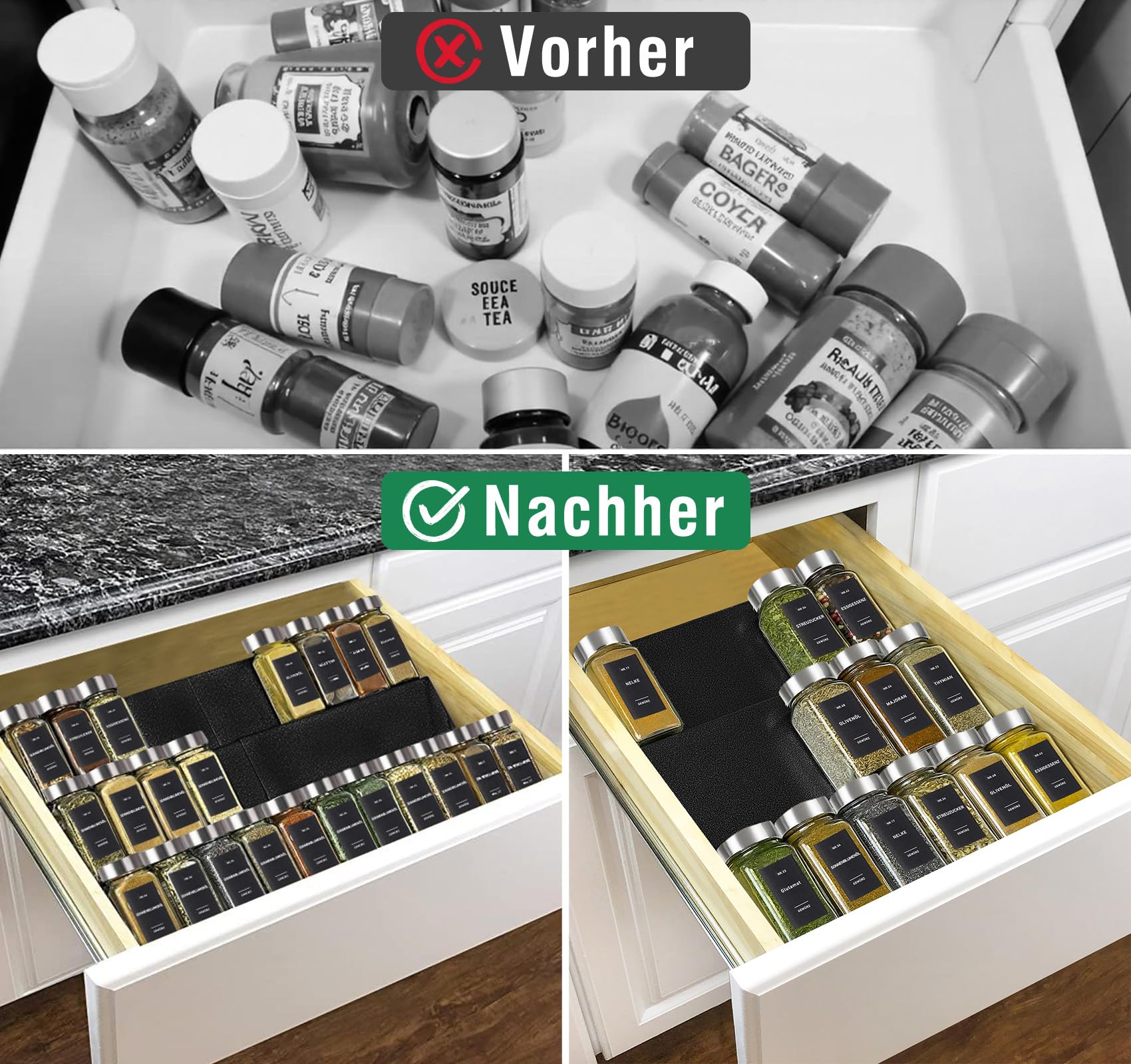 72er Set Eckige Gewürzgläser 120ml mit 18er Gewürzregal Schublade Einsatz für Ordnung in der Gewürzschublade, Gewürzdosen mit Luftdichte Edelstahl Deckel, inkl. 900 Etiketten & Zubehör