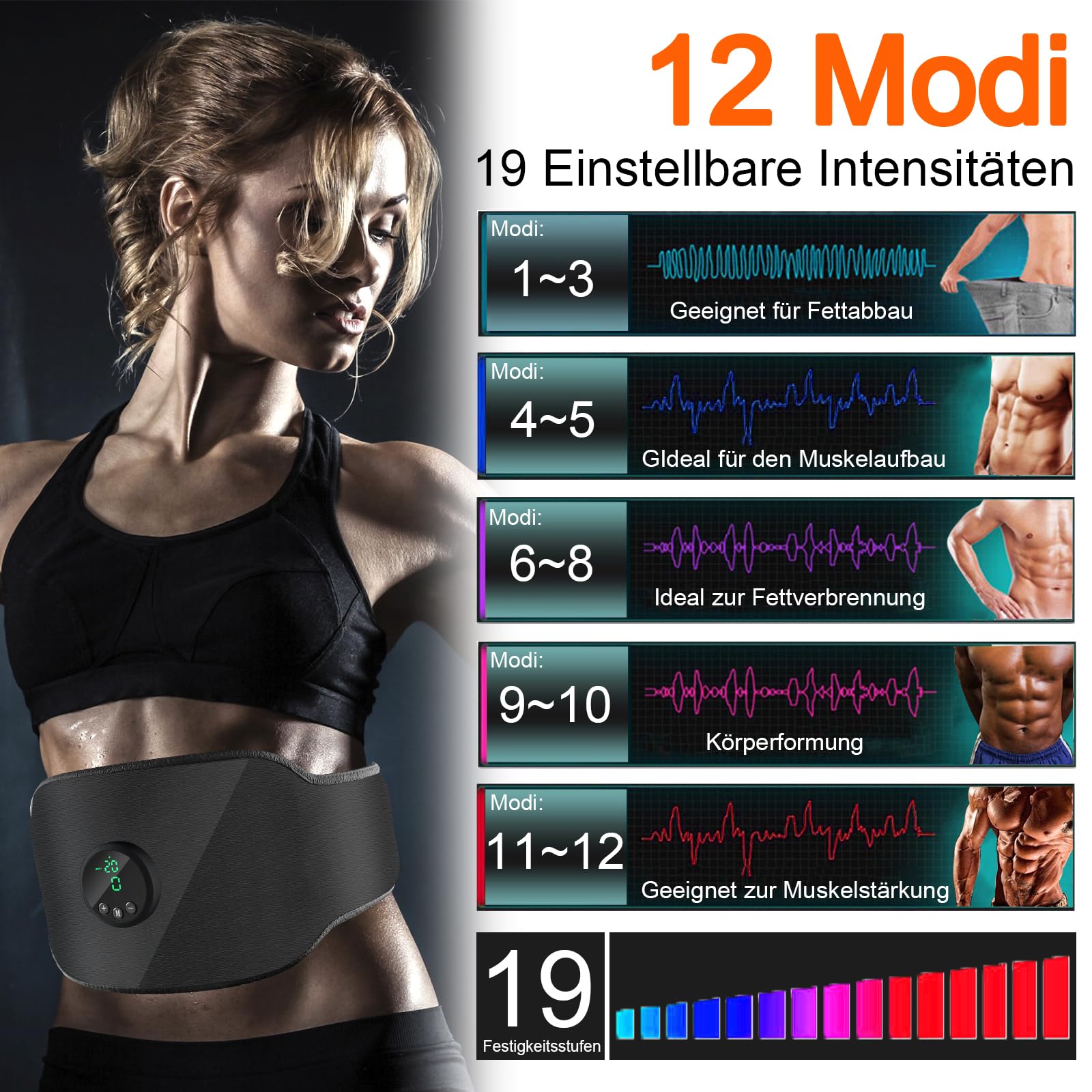 Tosucs EMS Bauchmuskeltrainer elektrisch,EMS Trainingsgerät,Power abs Stimulator Stimulateur musculaire USB Wiederaufladbar Avec 12 Modes et 19 intensités für Männer und Frauen
