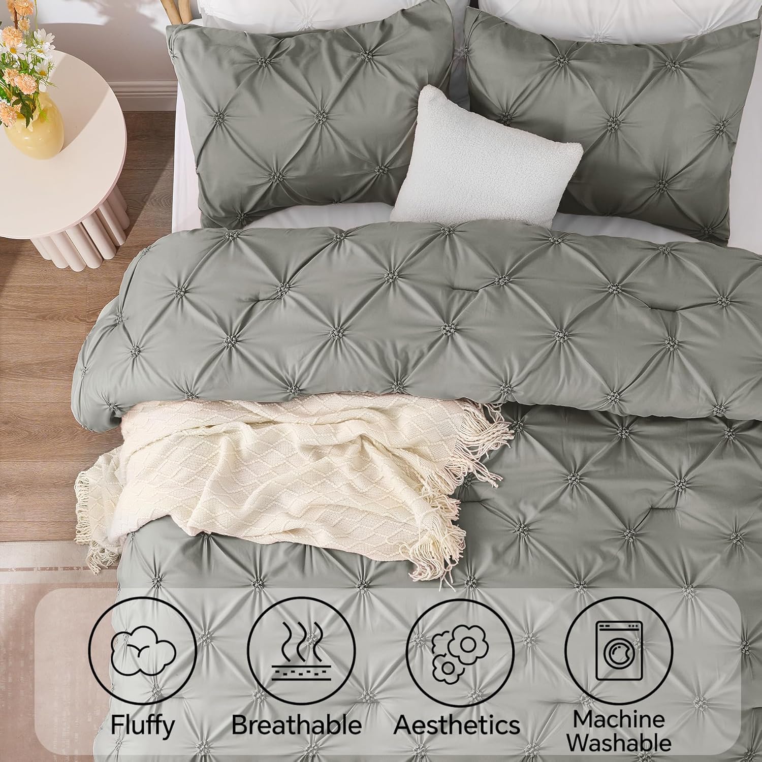 BEDELITE Grey Queen Comforter Set - 3 Pieces Boho Pintuck Bedding Comforter Sets, Lightweight Soft & Warm Bed Comforter Queen with 2 Pillowcases for All Season - Image 5