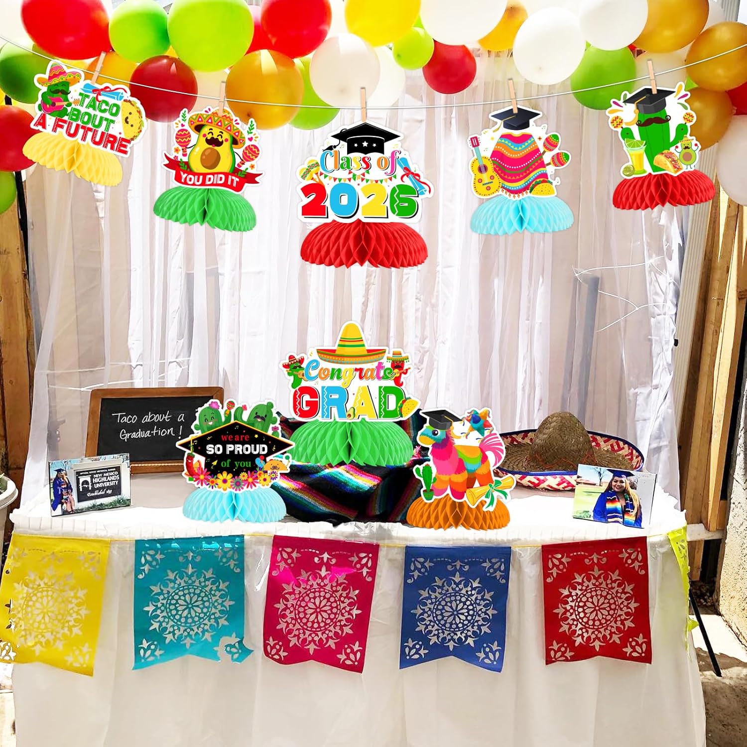JOYMEMO 8 Pieces Mexican Graduation Honeycomb Centerpieces, Fiesta Graduation Party Decorations 2026, Taco Bout A Future Table Toppers for Congrats Grad Class of 2026 Party Supplies
