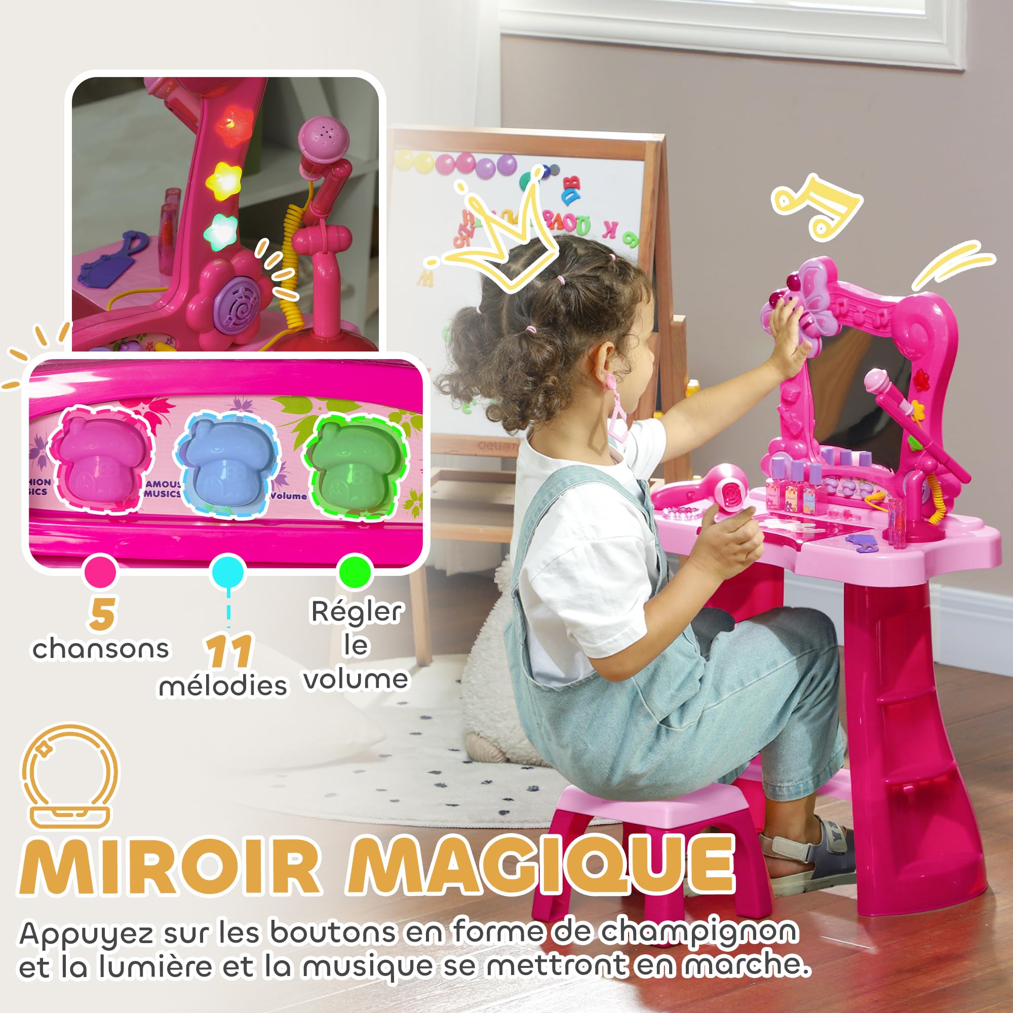 AIYAPLAY Ensemble de Coiffeuse pour Enfants 15 PCS, Table de Maquillage avec Tabouret et Miroir, lumière, Musique, Microphone, sèche-Cheveux, Espace de Rangement, pour Filles de 3 à 6 Ans, Rose