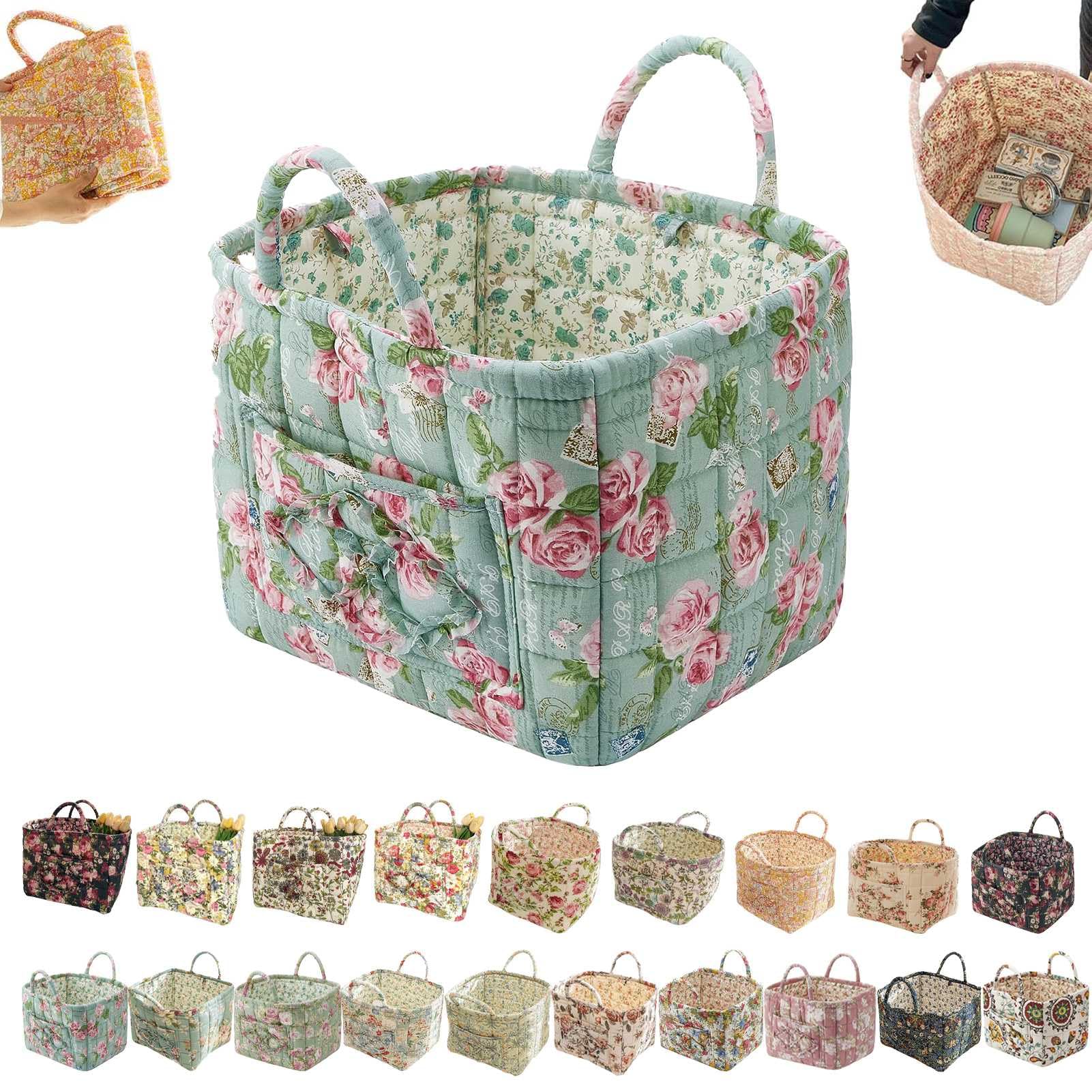 Boho Fabric Storage Basket, Boho Quilted Fabric Storage Basket