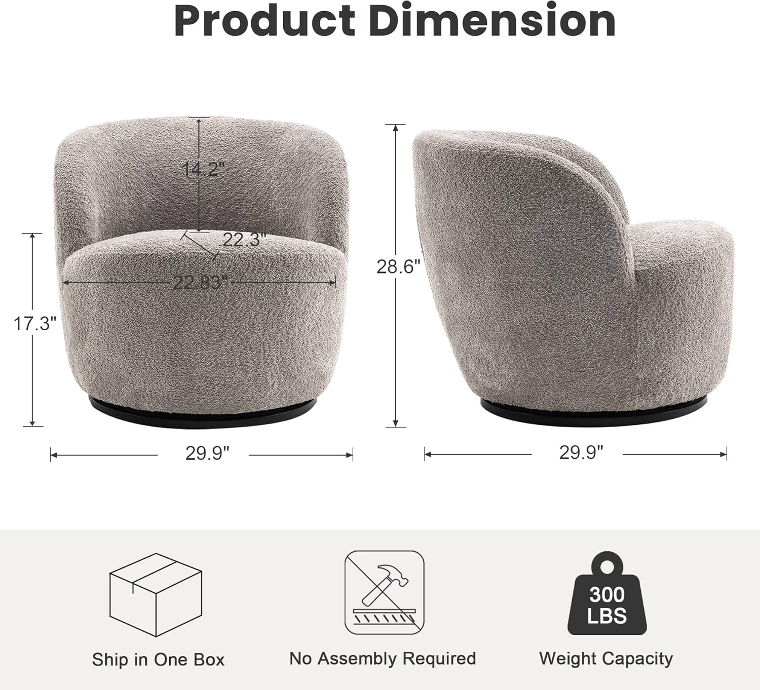 Rowill 30 Inch Swivel Accent Chair, No Assembly Modern Round Barrel Chair, Upholstered Comfy Armchair, Soft Boucle Single Sofa for Living Room, Bedroom, Reading Nook, Office, Gray