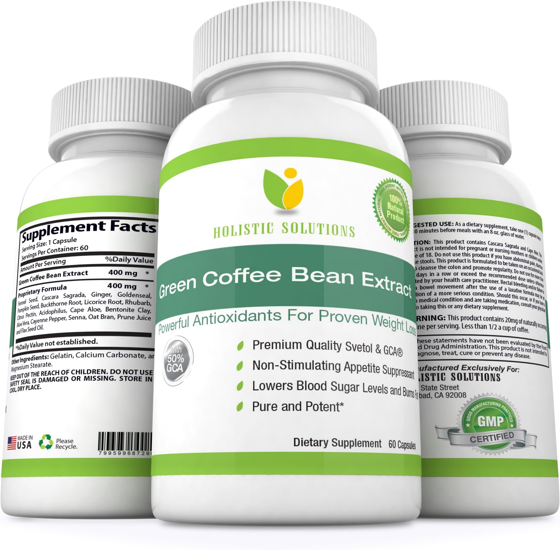 Pure Green Coffee Bean GCA Extract, Powerful Antioxidant with the Most Potent GCA for Proven All Natural Weight Loss, 60 Capsules