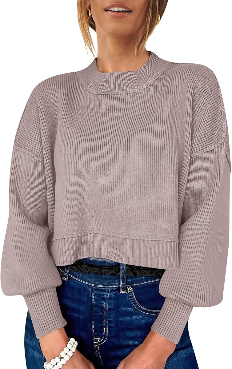 ANRABESS Womens Cropped Sweaters Oversized Crewneck Long Batwing Sleeve Side Slit Ribbed Knit Pullover Tops 2026 Fall Clothes