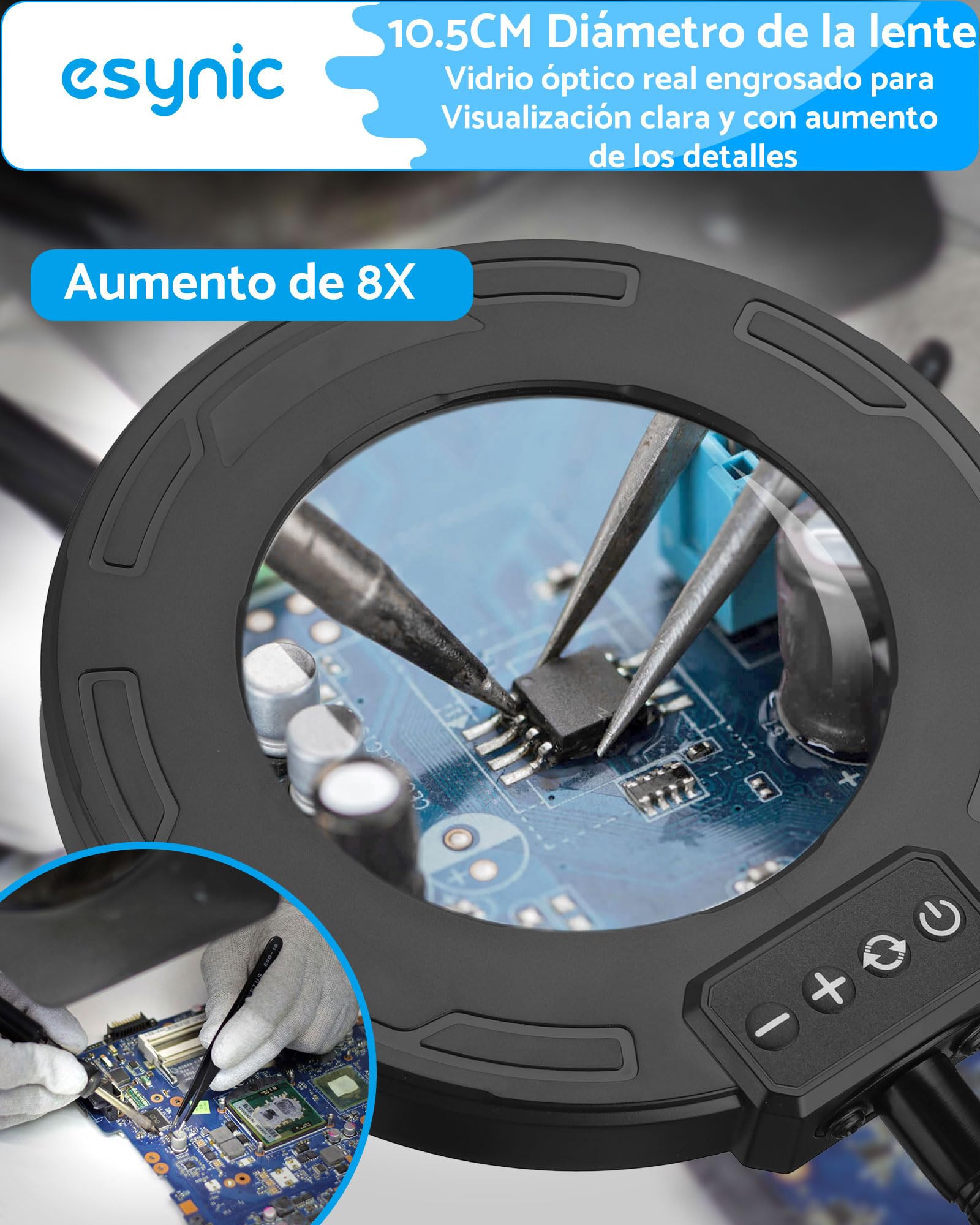 eSynic Lupa con Luz LED 8X Profesional Lámpara de Mesa con 72 LED Ajustables, 10 Niveles de Brillo + 5 Temperaturas de Color, Base de Metal Pesado y Brazo Flexible de 35cm para Lectura/Manualidades