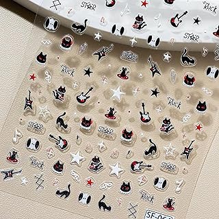 2 Sheets Rock Cat Nail Art Stickers Gothic Black Guitar Music Decals DIY Manicure for Dark Punk Style Nail Decorations