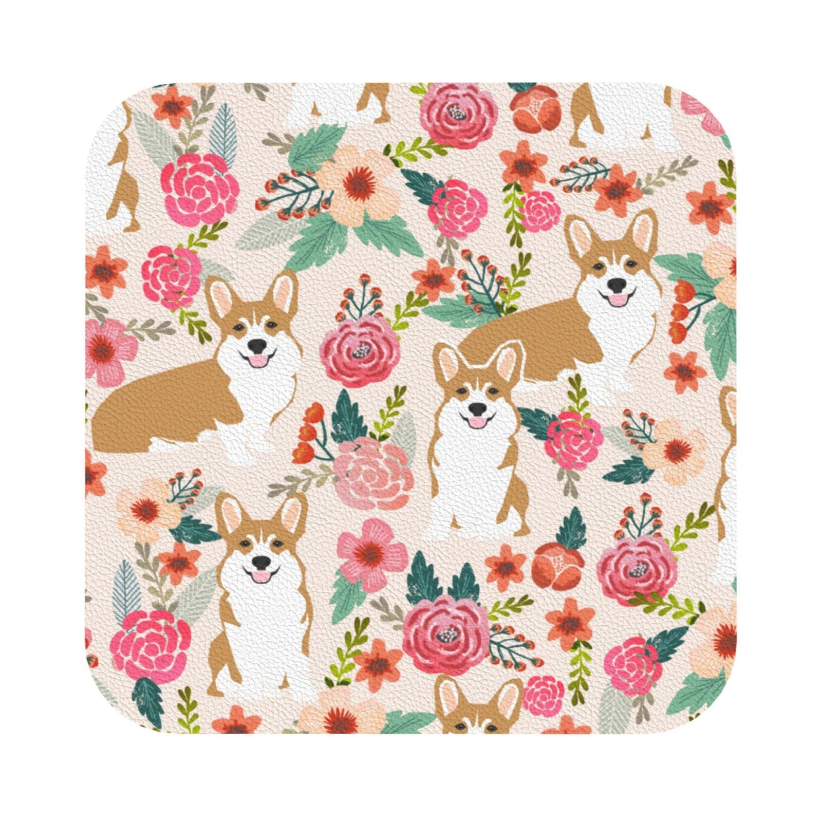 Corgi Floral Flowers PU Leather Coasters Set of 6 Square Drink Coasters
