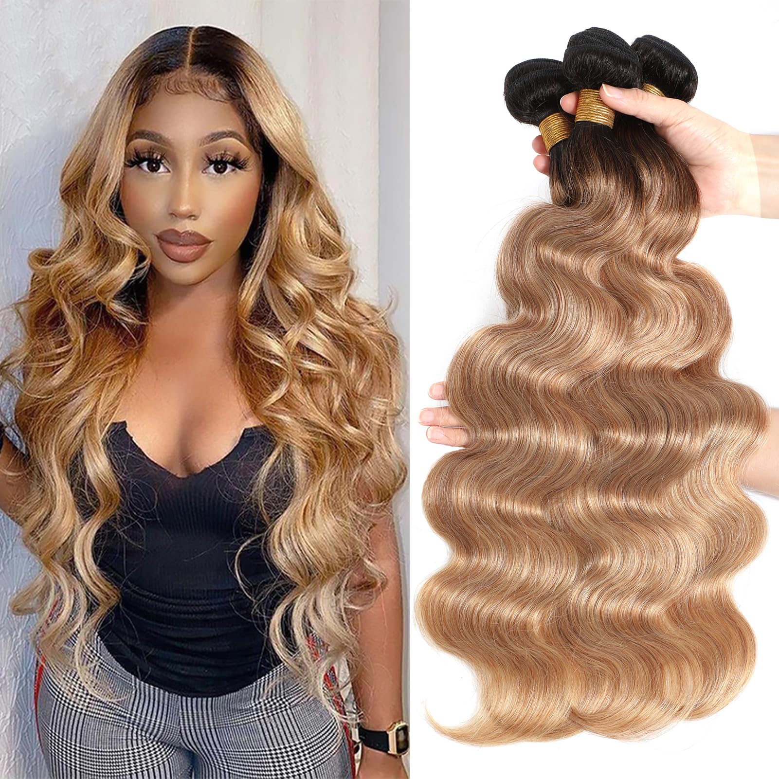 16A Ombre Body Wave Bundles Human Hair (T1B/27,24" 26" 28") Brazilian Ombre Brown Hair Bundles 3 Bundles Human Hair 100% Unprocessed Virgin Brazilian