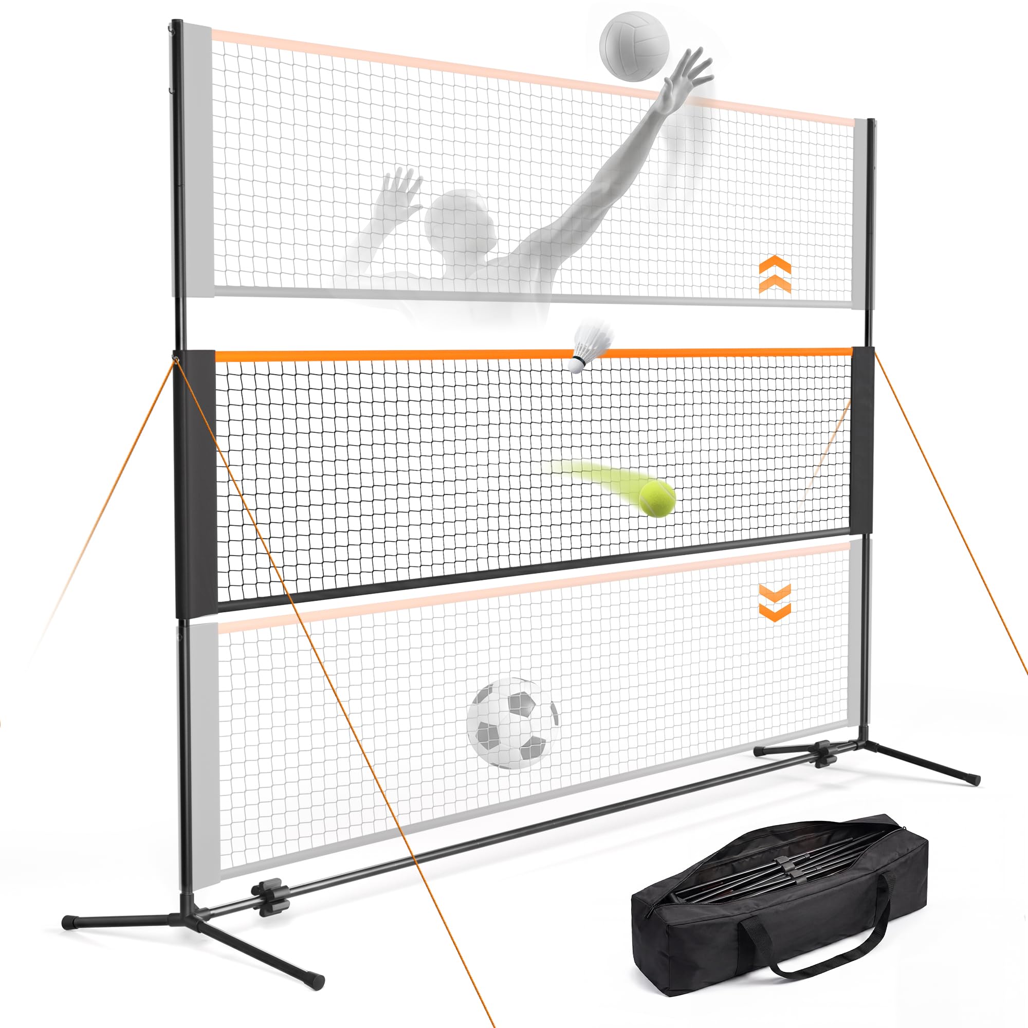 5-in-1 Sportnetz tragbar, 4m Volleyballnetz Höhenverstellbar, All-in-One Badmintonnetz, Tennisnetz, Pickleball Netz für Garten, Outdoor & Strand, inklusive Erdnägeln & Tasche