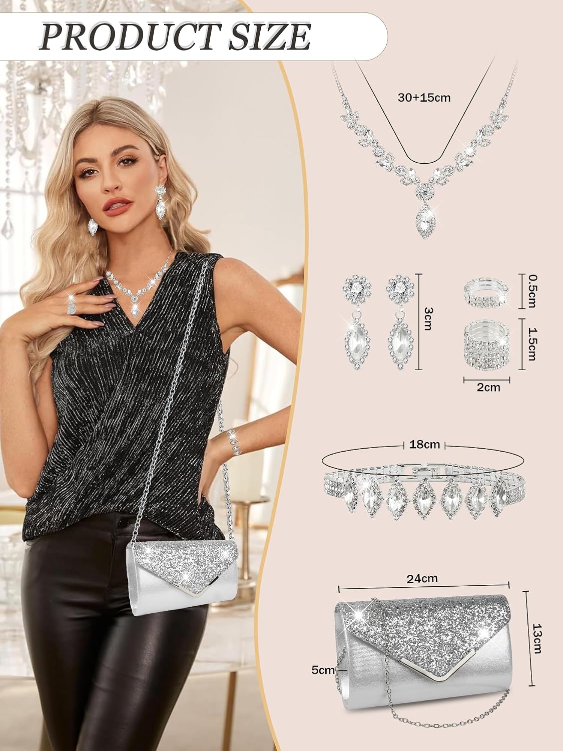 7Pcs Gold/Silver Rhinestone Jewelry Set for Women Prom Jewelry with Evening Clutch Purse, Bling Bracelets, Rhinestone Necklace and Earrings for Party Wedding Formal Bride Prom