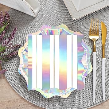 48PCS Iridescent Paper Plates and Napkins Party Decorations, 7inch Scalloped Dessert Plates Disposable Silver Holographic Tableware Set for Mermaid Unicorn Birthday Bridal Wedding Disco Party Supplies