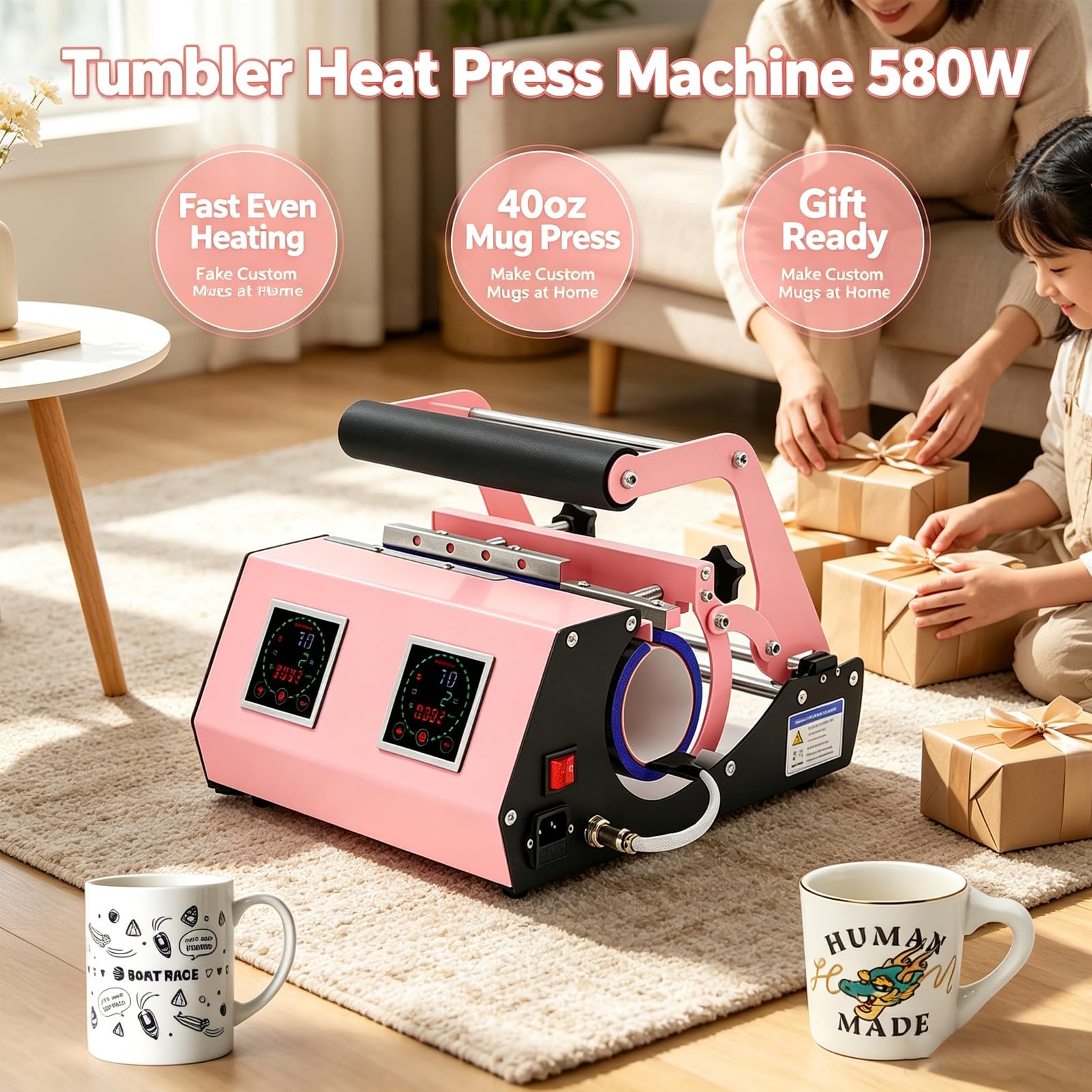 Máquina de prensa de calor de vaso 580W de doble control de calibre, 40oz Prensa de la taza de la taza de la taza | Máquina de transferencia térmica, temperatura de 999s, vacaciones, dar el aniversari
