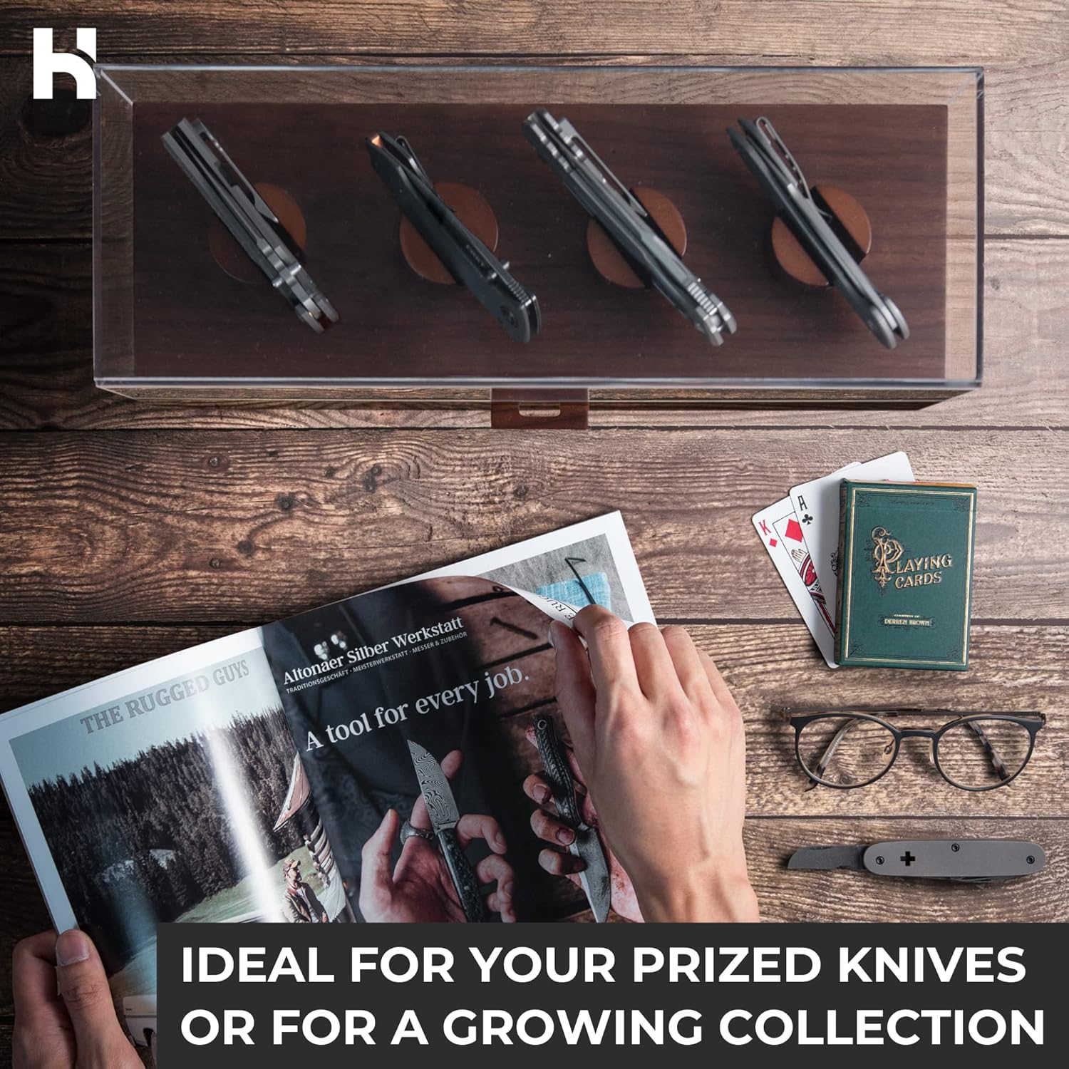 Pocket Knife Display Case EDC Case – Pocket Knife Storage Case and Knife Display Stand – Pocket Knife Case and Pocket Knife Organizer – Knife Cases For Collections - Gift For Men Husband Dad - Walnut