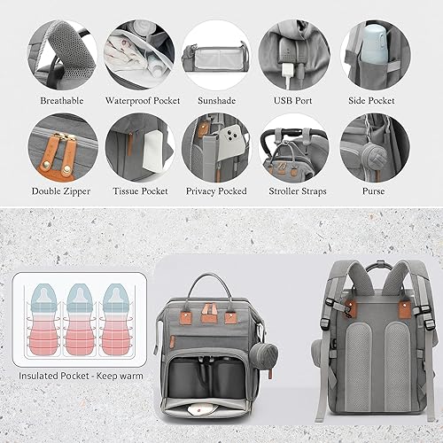 Miniatura 2 de Mochila para pañales de gran capacidad, bolsa de bebé impermeable con cambiador, bolsillos aislados, soporte para chupete y correas para cochecito